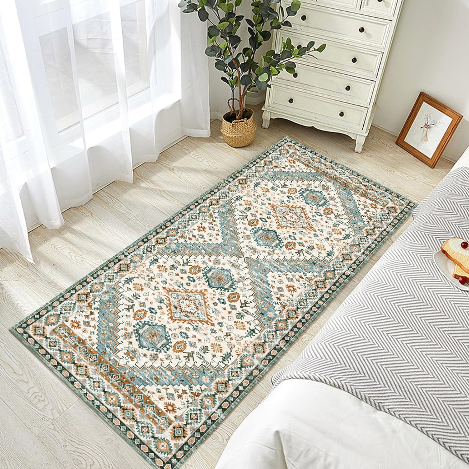 CHOSHOME Alfombra de área  Alfombra vintage de pelo bajo de 2 x 6 pies, lavable a máquina, con parte trasera antideslizante, no desprende pelusa,