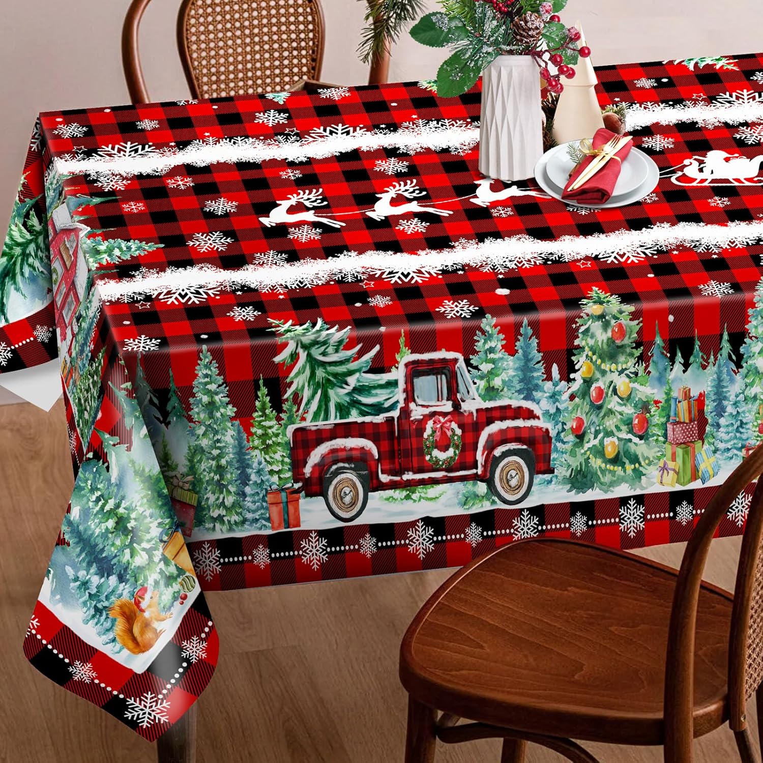 Mantel de Navidad de 52 x 70 pulgadas, mantel rojo navideño para mesas rectangulares, decoración navideña de camión rojo para el hogar, decoración