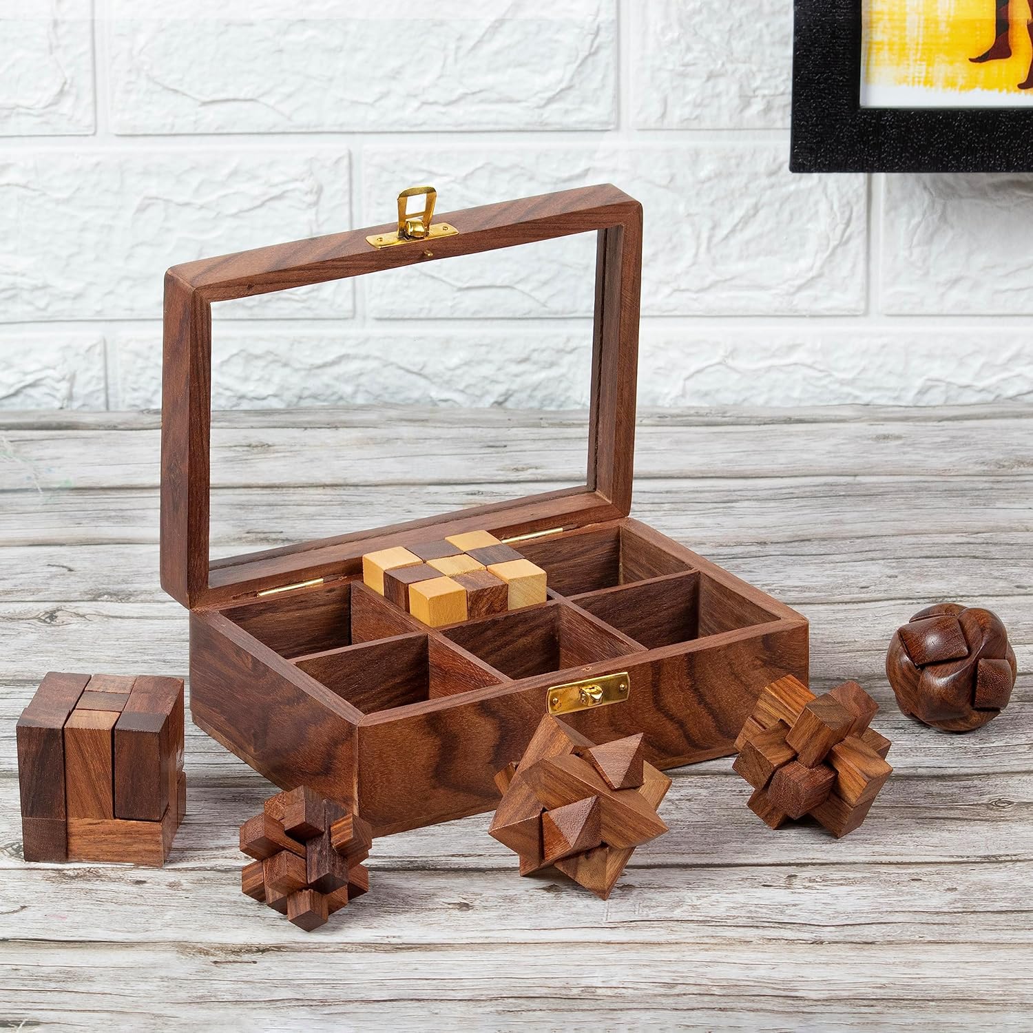 Juego de rompecabezas 6 en 1 de madera para desafiantes rompecabezas para adultos y juegos cerebrales para niños, traje para sala de estar