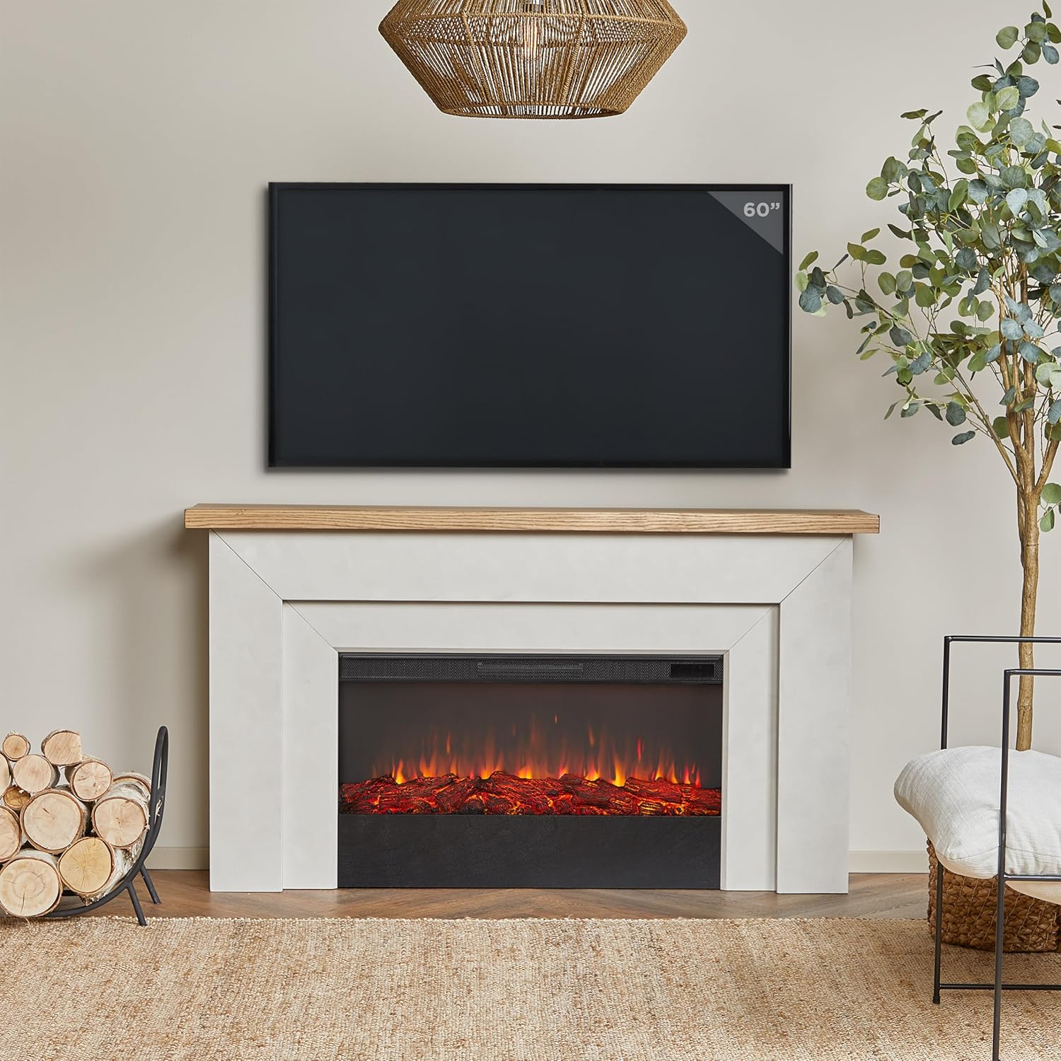 Malie – Soporte para TV con chimenea eléctrica de 68 pulgadas, color gris veneciano Real Flame
