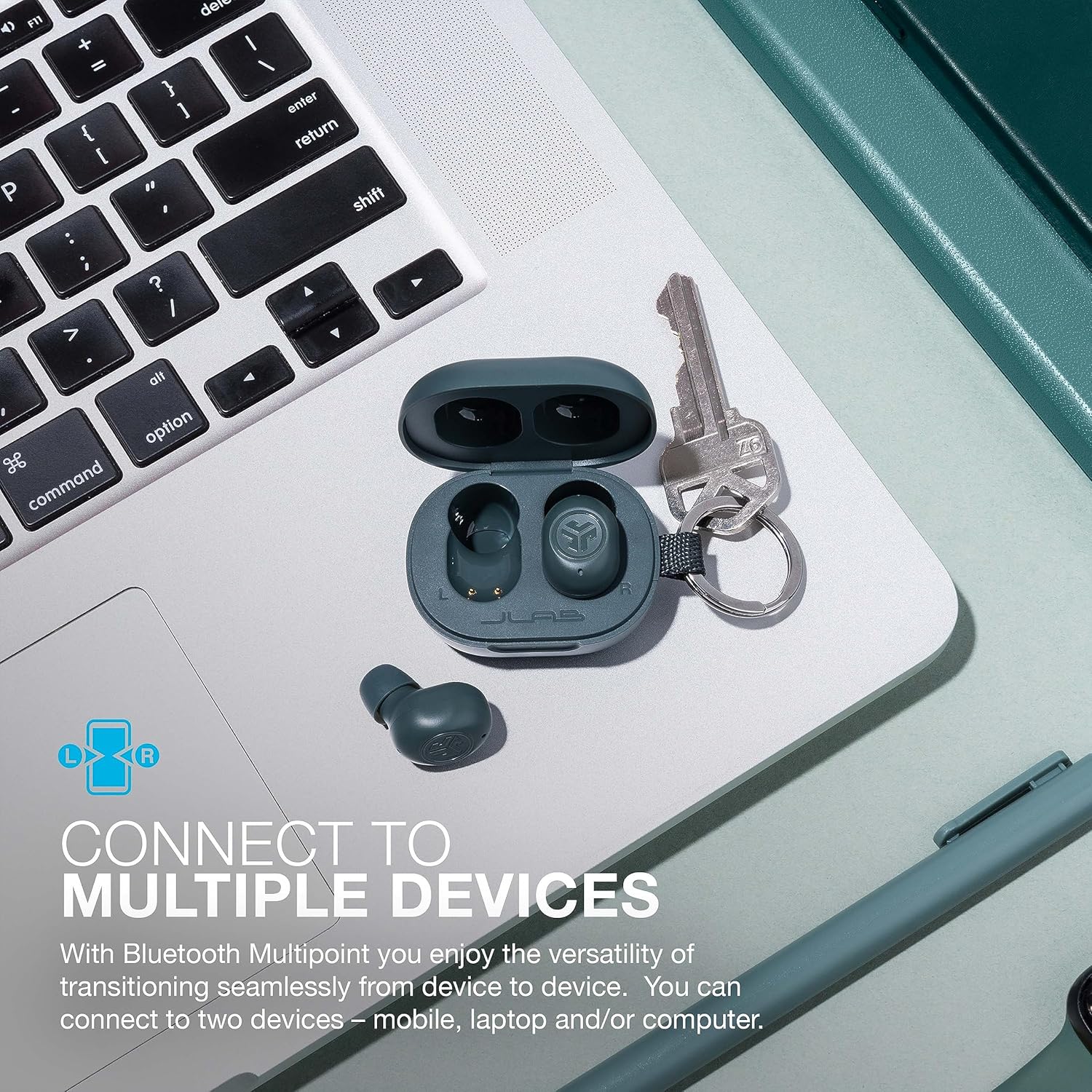 JLab JBuds Mini Auriculares Bluetooth inalámbricos + funda de carga, salvia, IP55 a prueba de sudor y polvo, Bluetooth multipunto, audio consciente,