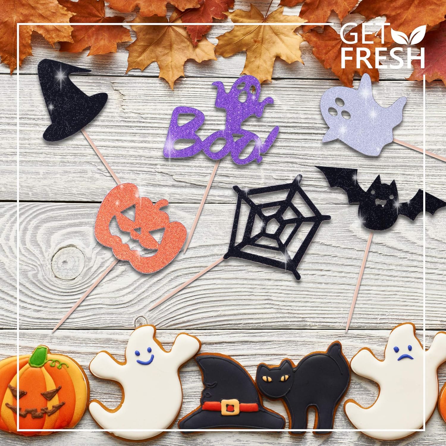 Juego de adornos para cupcakes de Halloween, juego de 28 piezas brillantes, estrella fantasma de bruja murciélago, decoración de palillos de comida