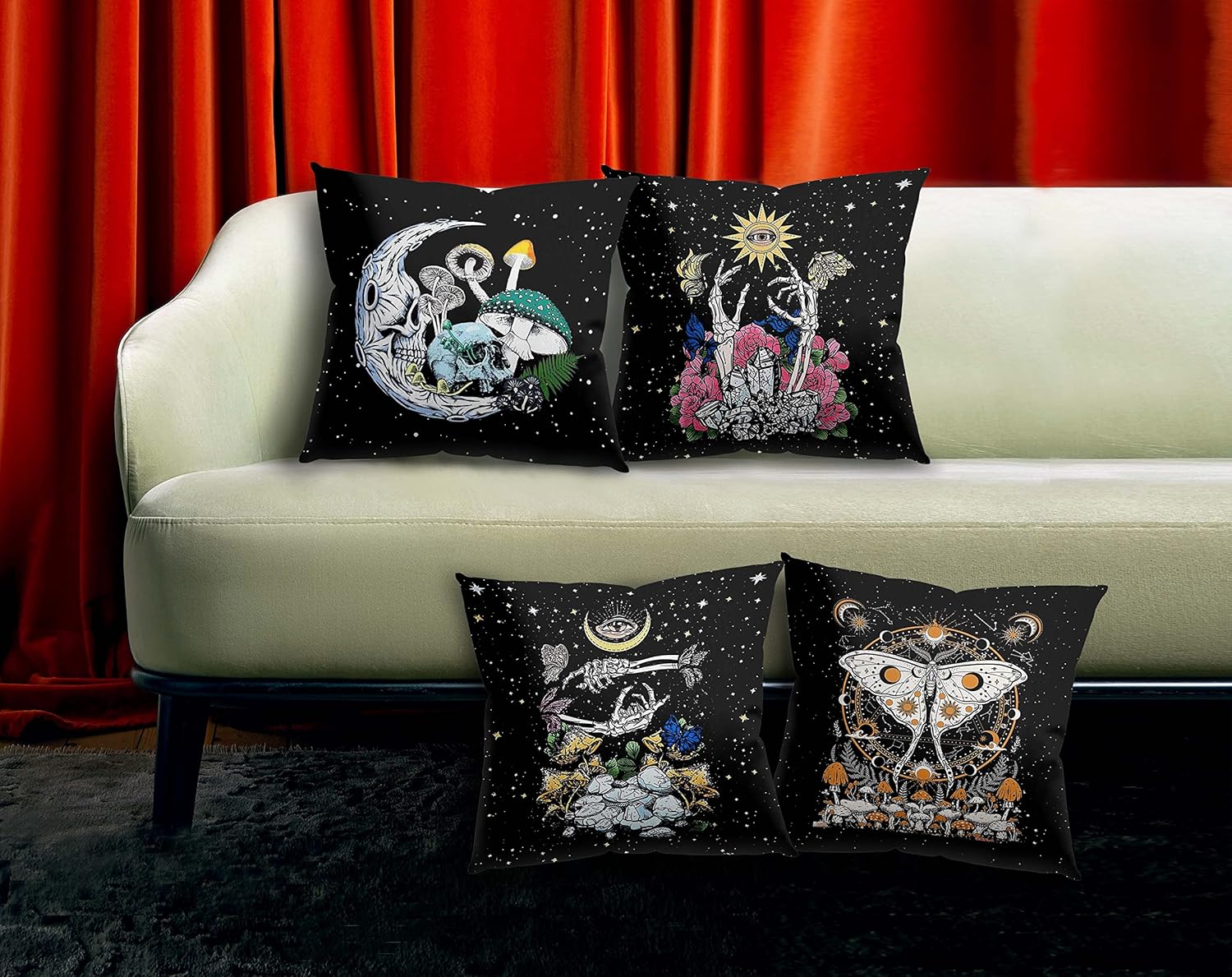 Juego de 4 fundas de almohada góticas de 18 x 18 pulgadas, diseño de calavera, decoración gótica, fundas de almohada de tarot, fundas de almohada