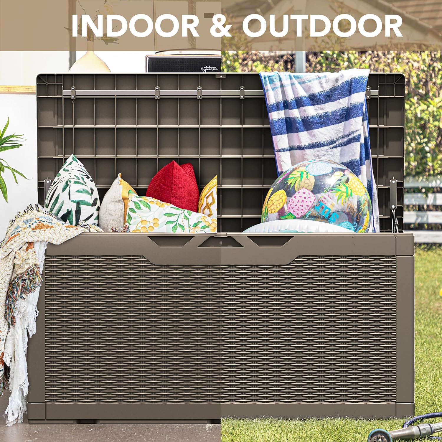 Devoko Caja grande de resina impermeable de 100 galones para interiores y exteriores, contenedor de almacenamiento con cerradura para muebles de