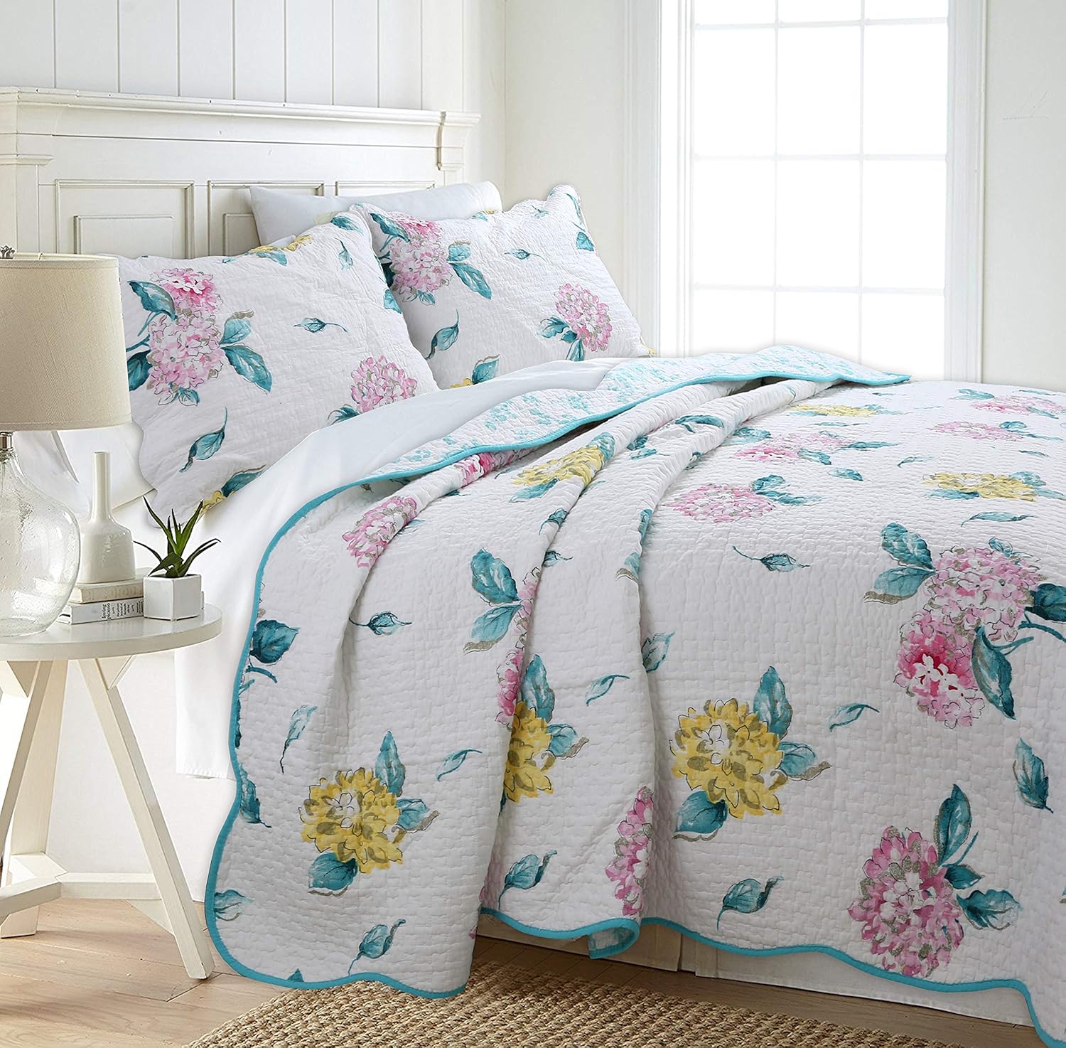 Cozy Line Home Fashions Juego de ropa de cama reversible 100% algodón turquesa azul floral hortensias hojas de jardín, colcha (flor Valencia, Queen,