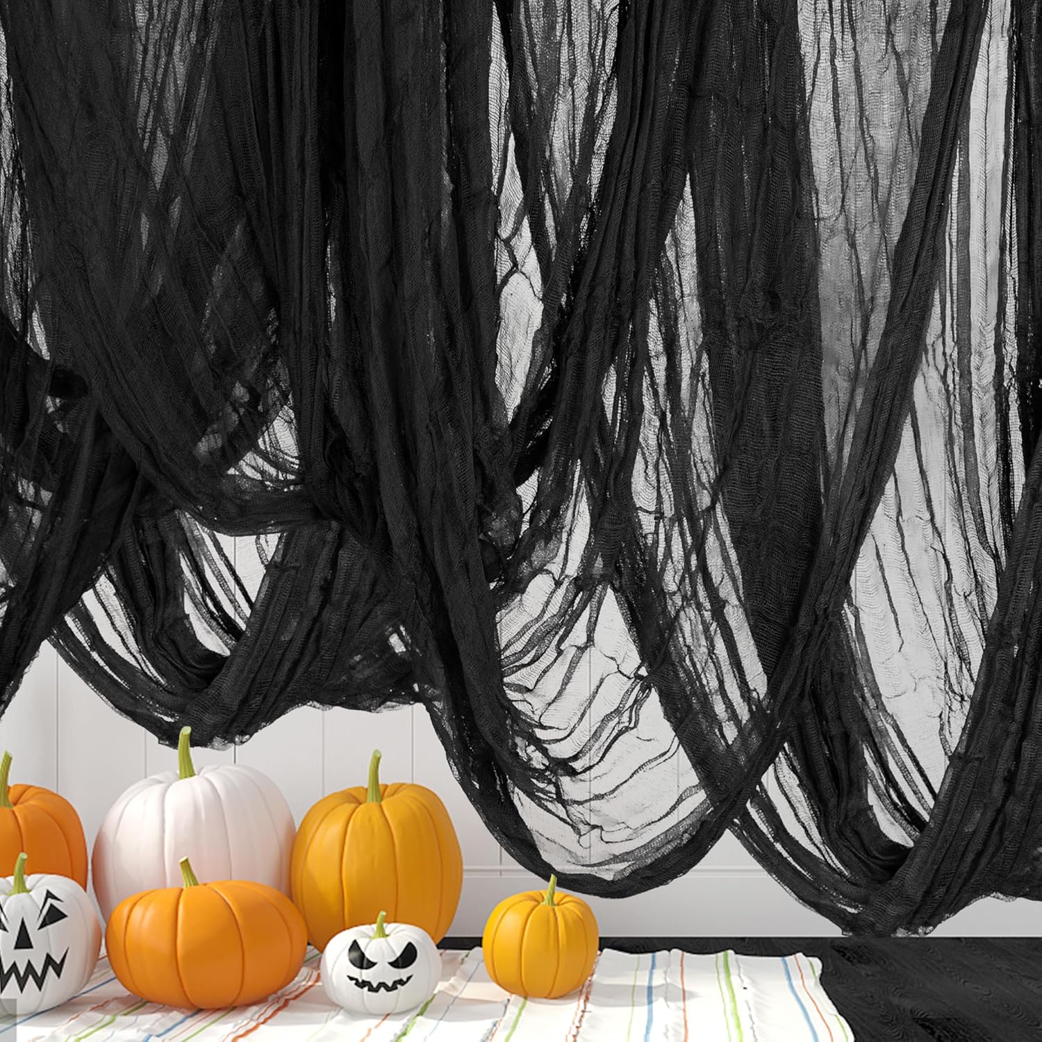 Tela espeluznante de Halloween de 315 x 84.6 pulgadas, tela espeluznante negra de Halloween, cubierta de gasa para puertas de ventanas para