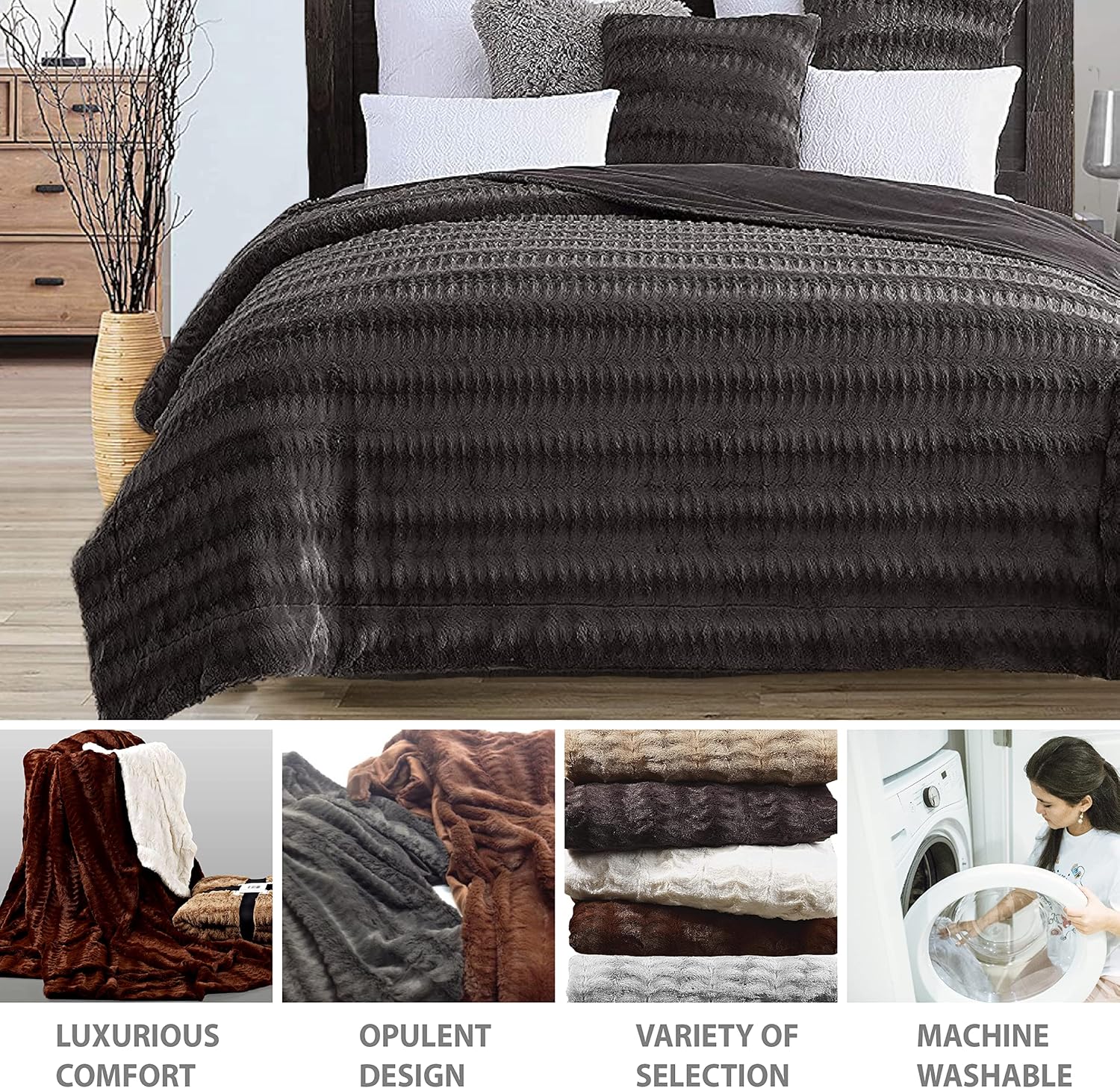 Cathay Home Luxe – Manta de piel sintética de visón ultrasuave en relieve (tamaño matrimonialqueen, visón chocolate, 1 piezamantacolcha)