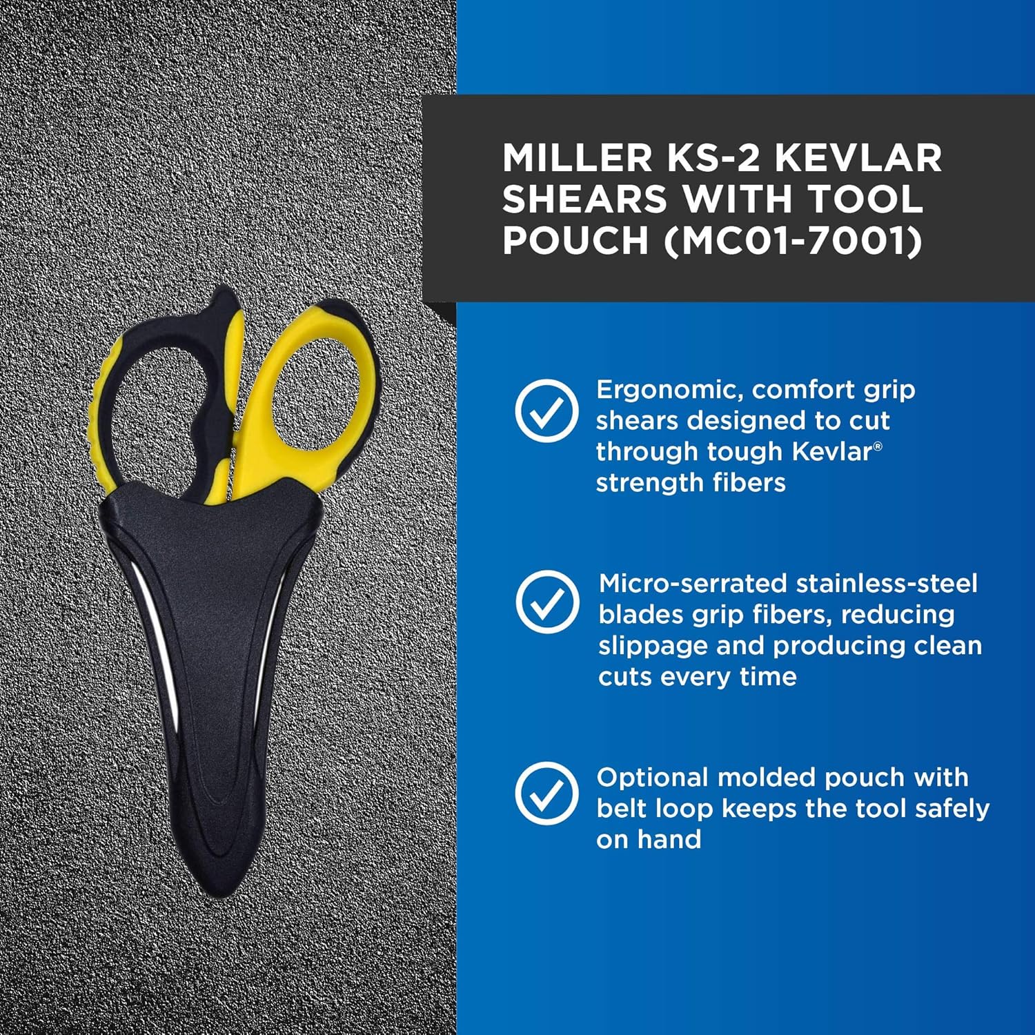 Miller KS-2 Tijeras de Kevlar de fibra óptica con bolsa para cinturón, tijeras de utilidad fácilmente portátiles para electricistas y técnicos que