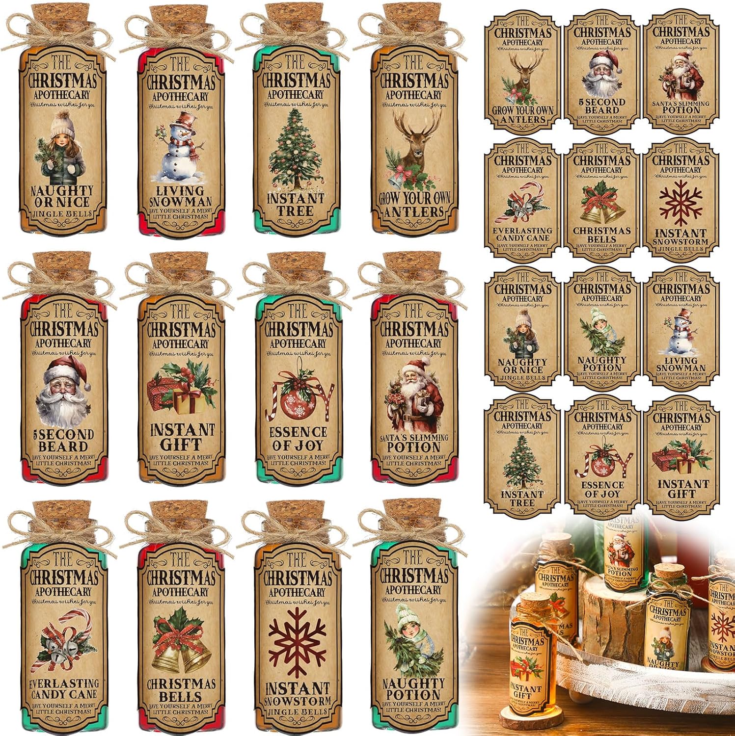 El juego de 49 botellas de poción de Navidad incluye 24 botellas de vidrio de 1 onza  1.0 fl oz con tapones de corcho, pequeños frascos de vidrio,