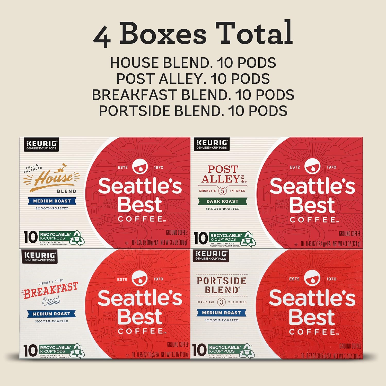 Seattle’s Best Coffee K-Cup – Paquete variado de cápsulas de café tostado oscuro y tostado medio para cafeteras Keurig, 100% arábica, 4 cajas (40