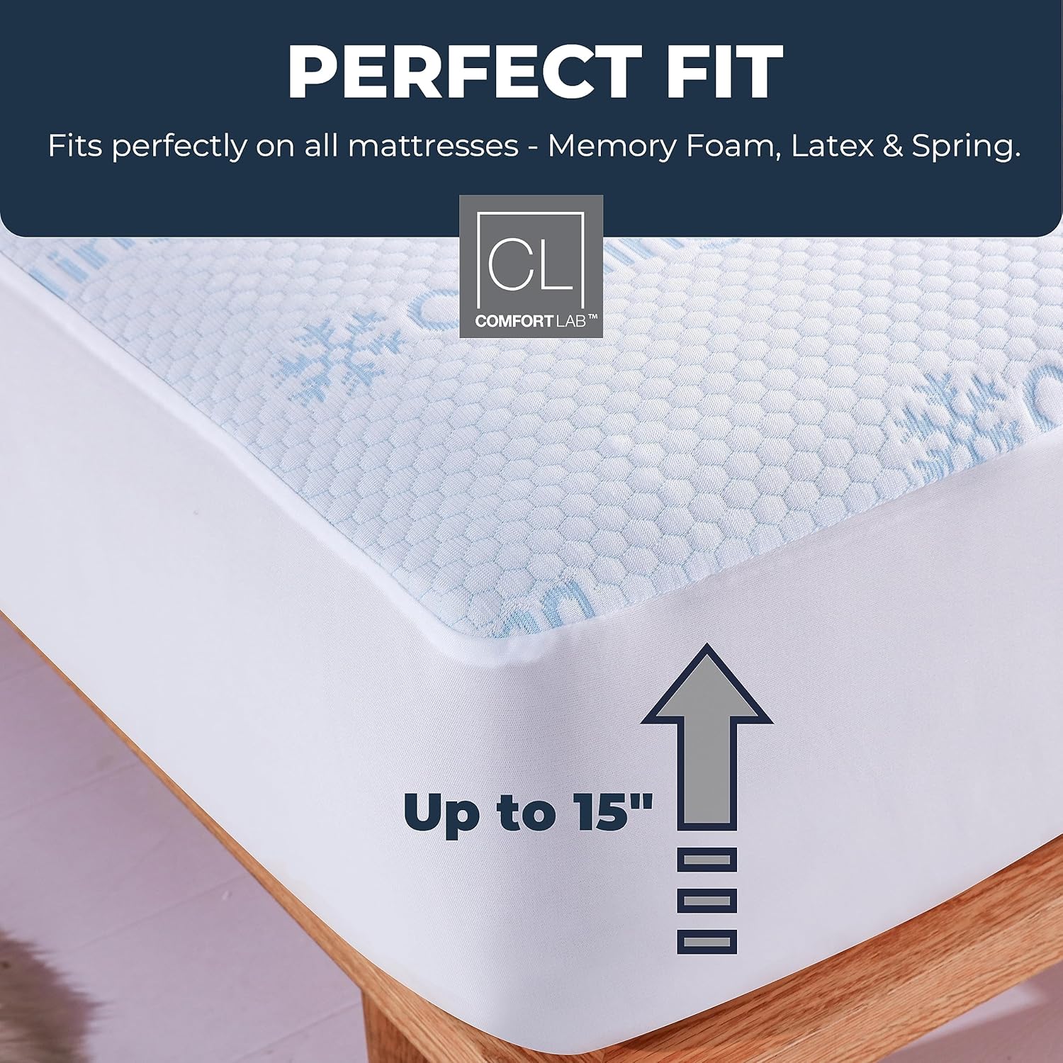 Protector de colchón refrescante Queen, 15 pulgadas de profundidad, tela de rizo, lavable a máquina