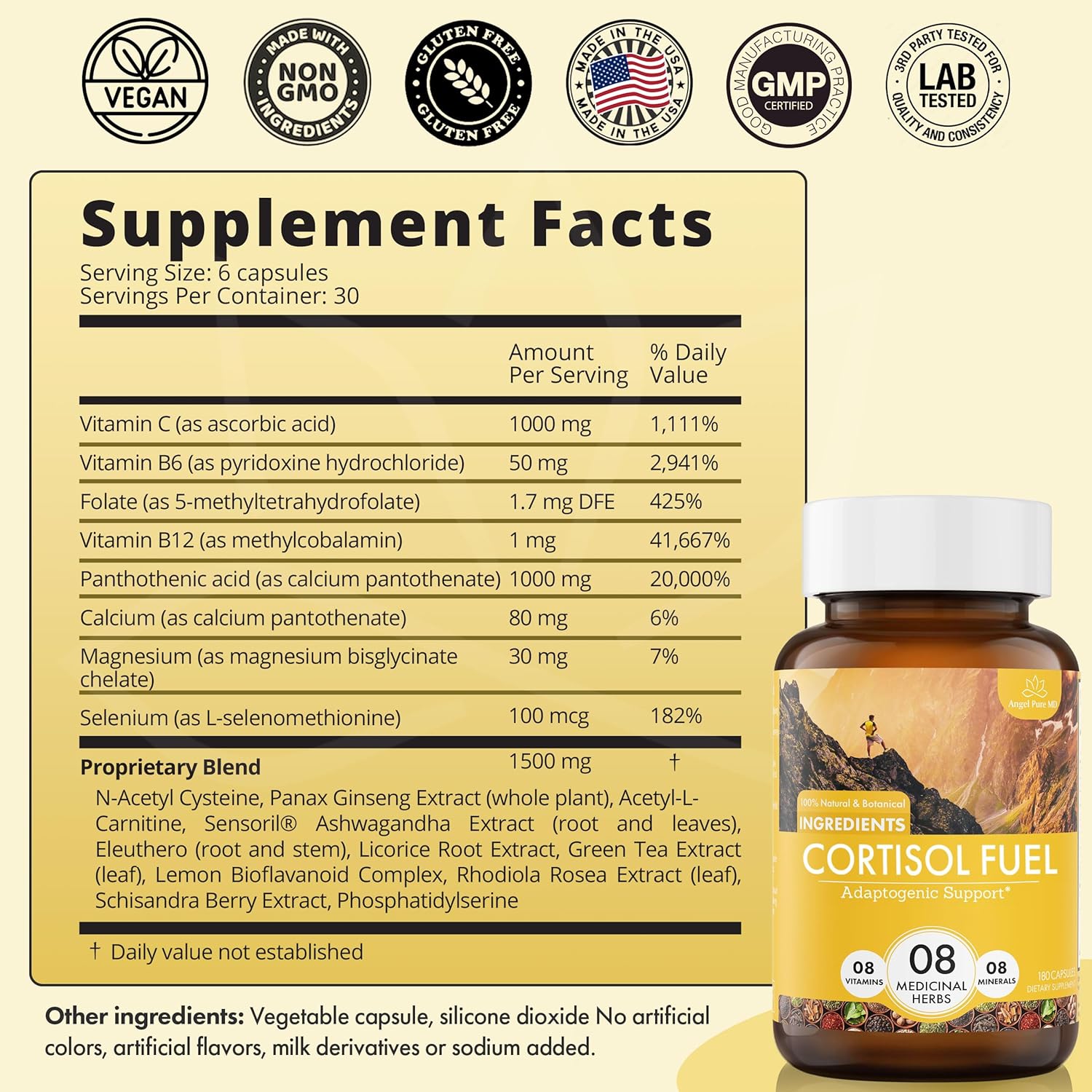 Angel Pure Cortisol Fuel Suplemento para aliviar el estrés sin alérgenos Ashwagandha Rhodiola de magnesio para apoyar el eje HPA, alivio de fatiga