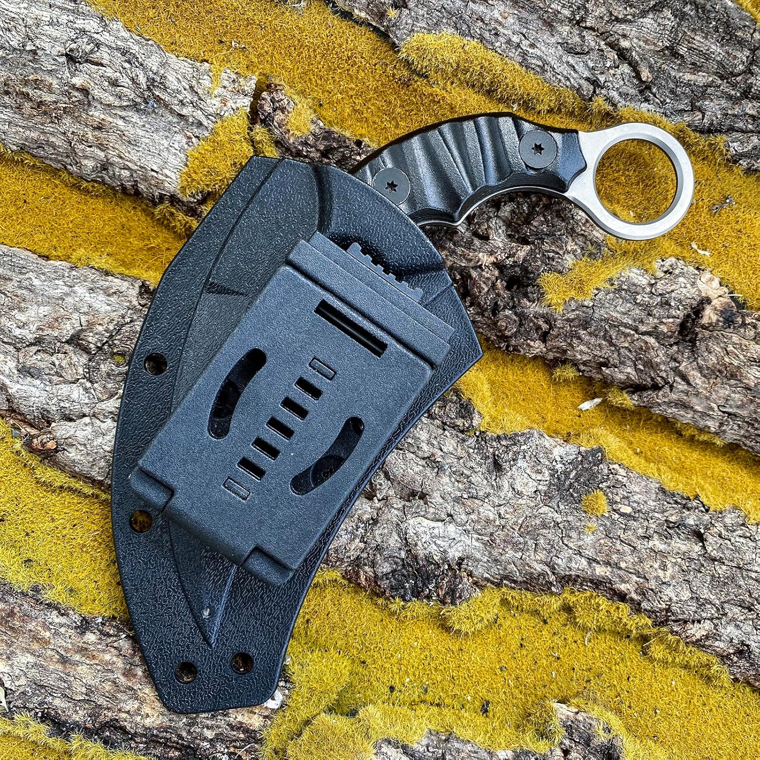 HOLYEDGE Cuchillos de hoja fija de acero D2 semidentados, cuchillo táctico de supervivencia con mango G10 y funda Kydex, herramientas de caza para