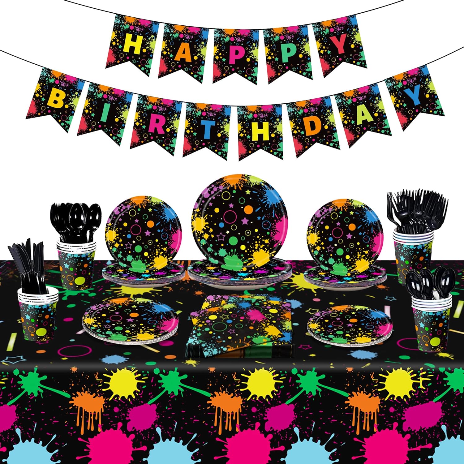 Suministros de fiesta de neón que brillan en la oscuridad, manteles de neón para fiestas, vajilla de fiesta brillante, vasos, platos y servilletas,
