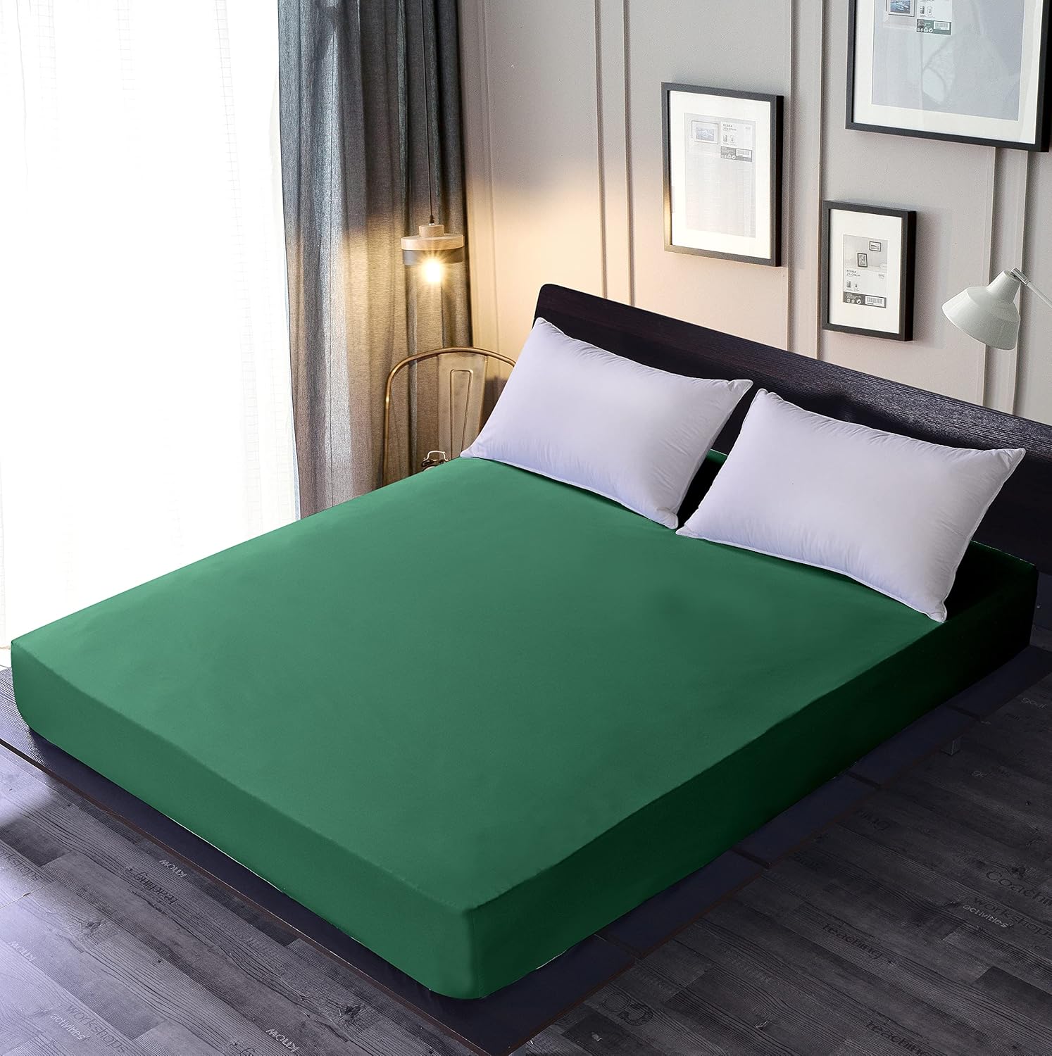Juego de sábanas prémium de 4 piezas color verde cazador de 16 pulgadas de profundidad suave al tacto, plano, ajustado, fundas de almohada (Queen)