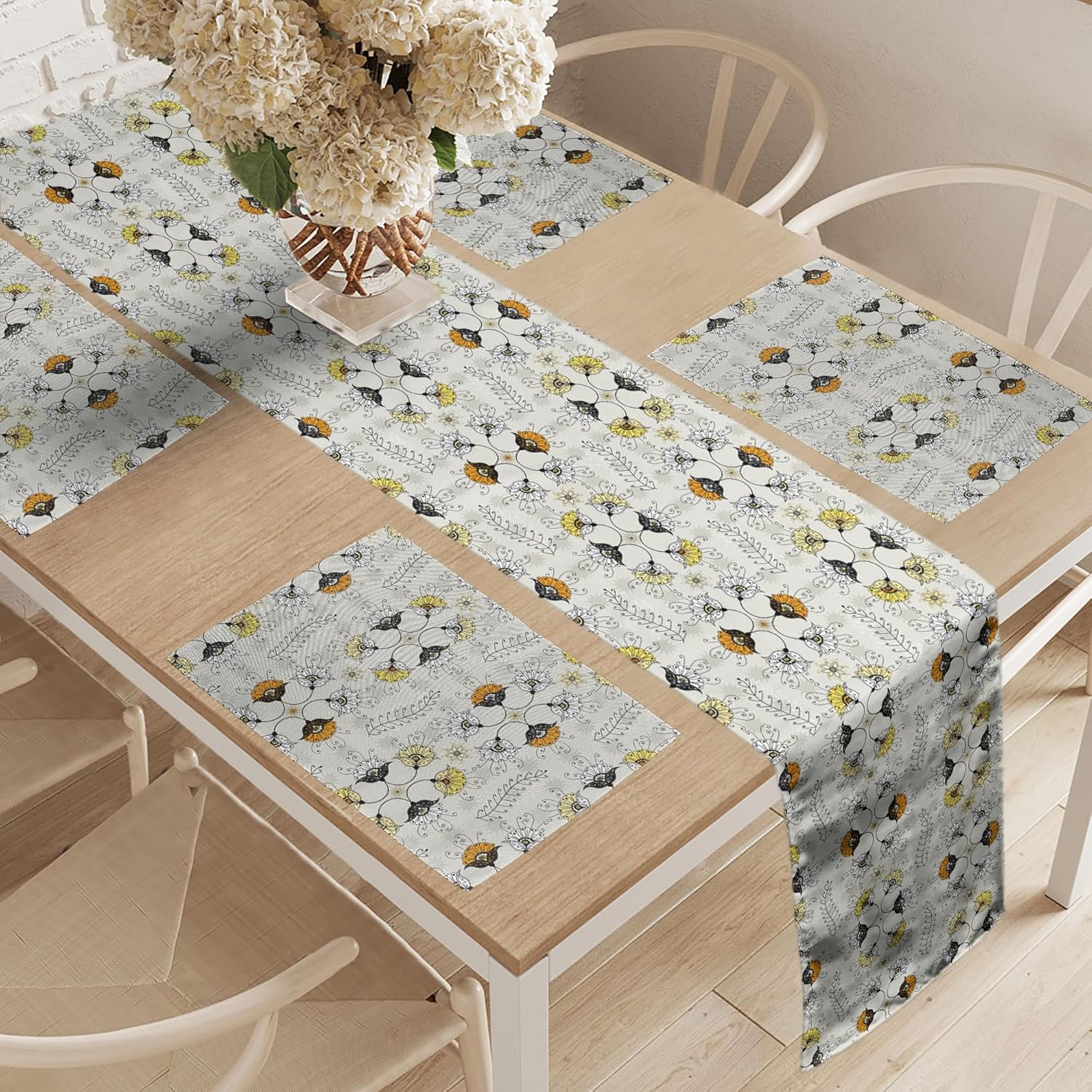 Ambesonne Camino de mesa y manteles individuales grises y amarillos, imagen de hojas de hiedra, juego para decoración de mesa de comedor, mantel