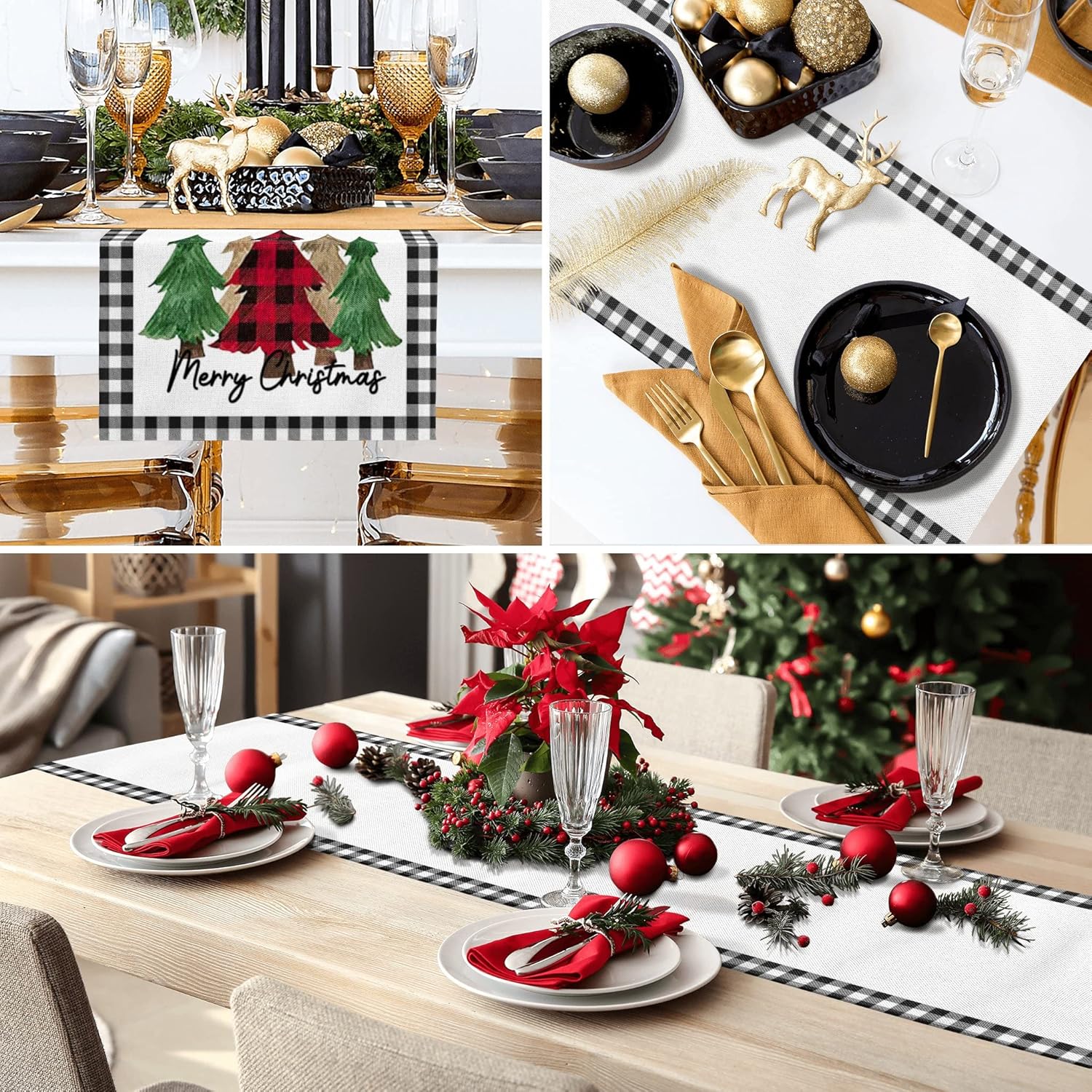 Camino de mesa de Feliz Navidad de 13 x 72 pulgadas, acuarela, árbol de Navidad, búfalo, caminos de mesa a cuadros, temporada de invierno, Navidad,