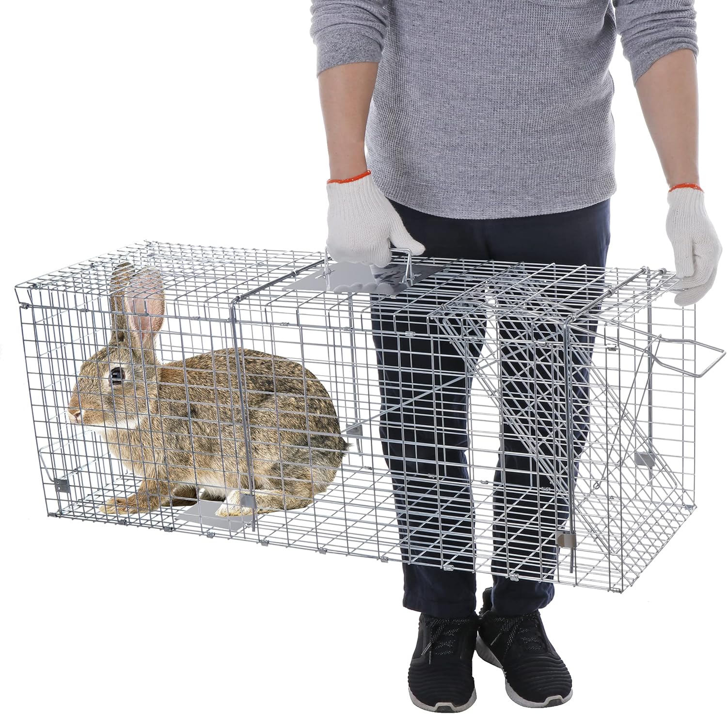 ANT MARCH Trampa de jaula para animales vivos con guantes de 37 x 13.5 x 14.5 pulgadas, jaula grande de acero para roedores para conejos, gatos