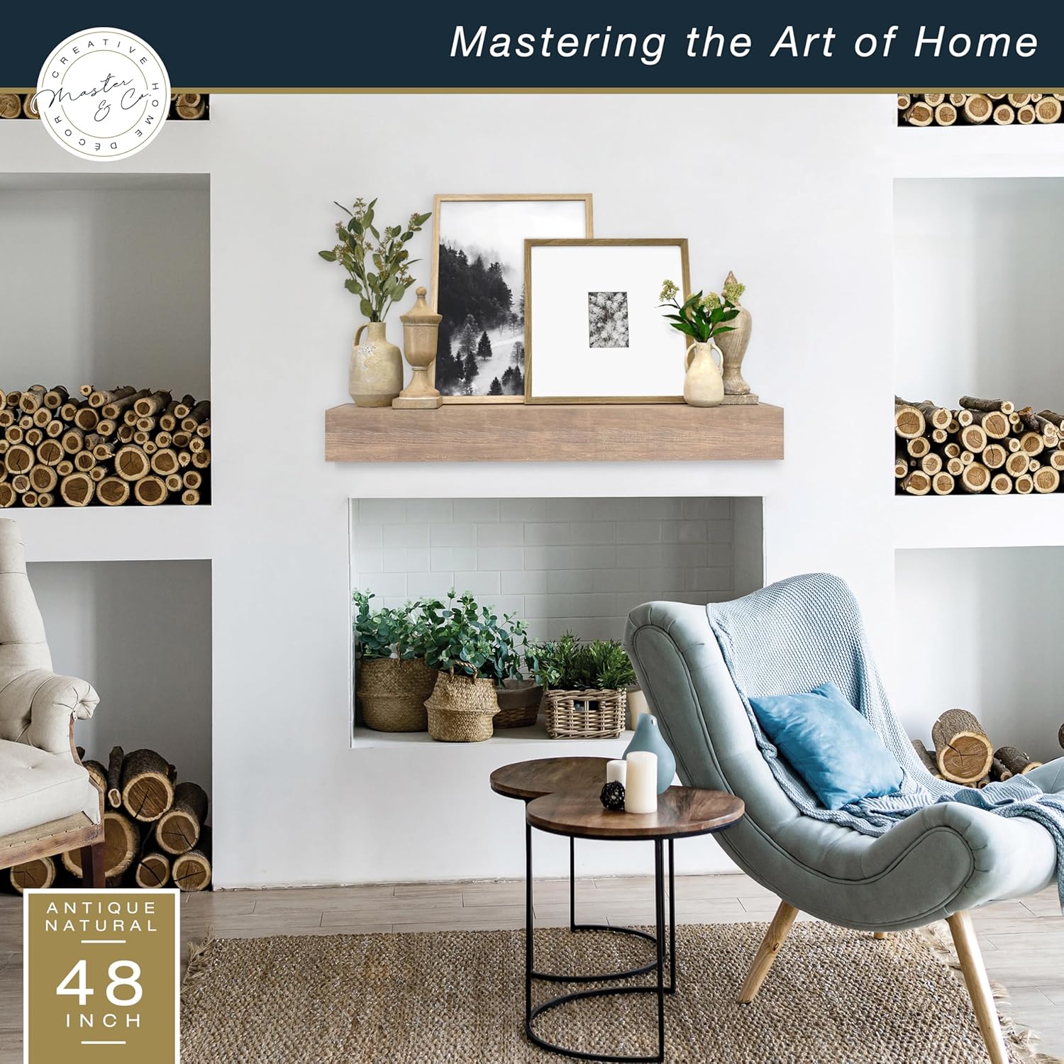 Master & Co. – Mantel flotante rústico para chimenea, estante flotante largo para decoración de pared, 48 pulgadas, natural antiguo