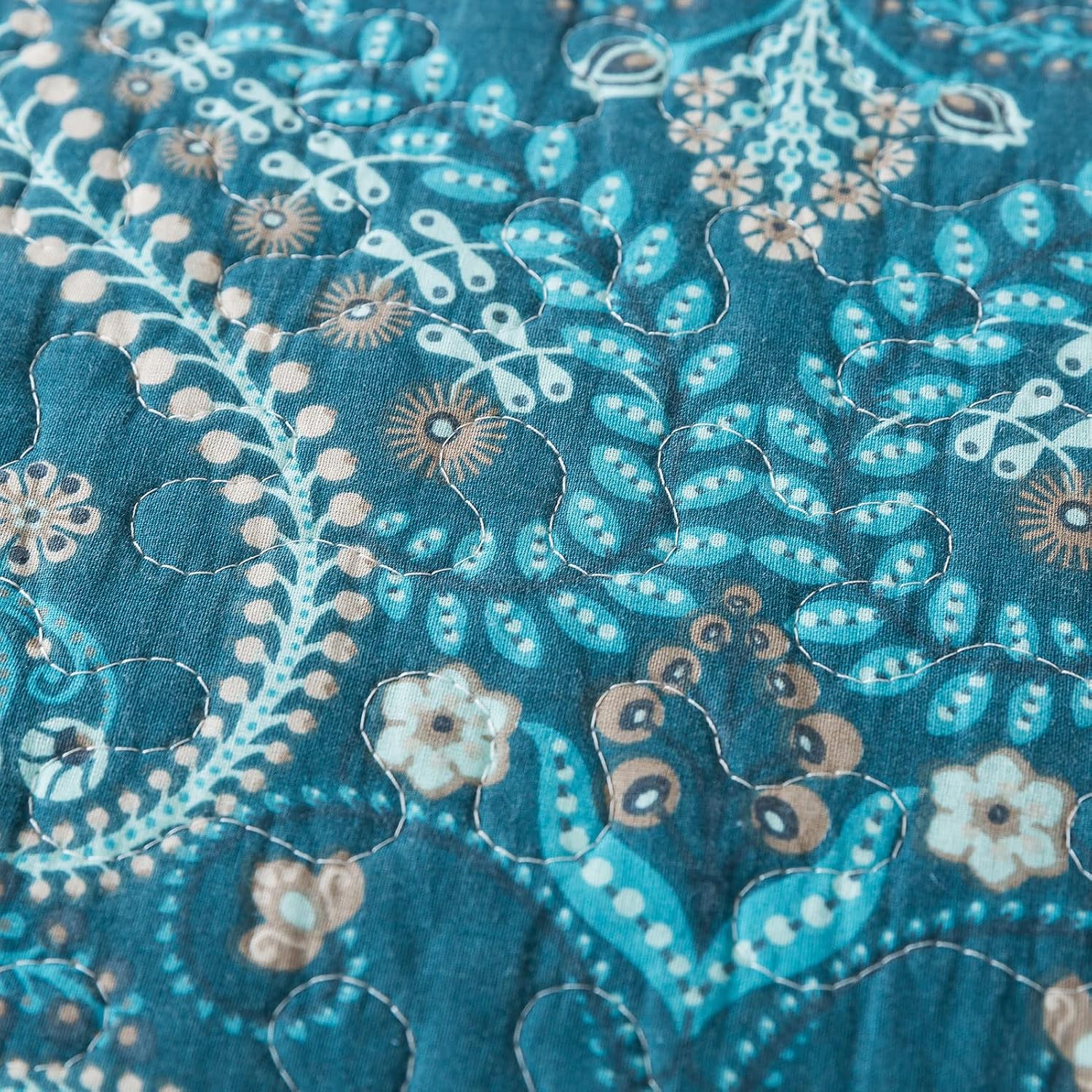 NEWLAKE Juego de colcha de algodón, juego de colcha reversible de retazos, estampado real clásico turquesa, tamaño Queen