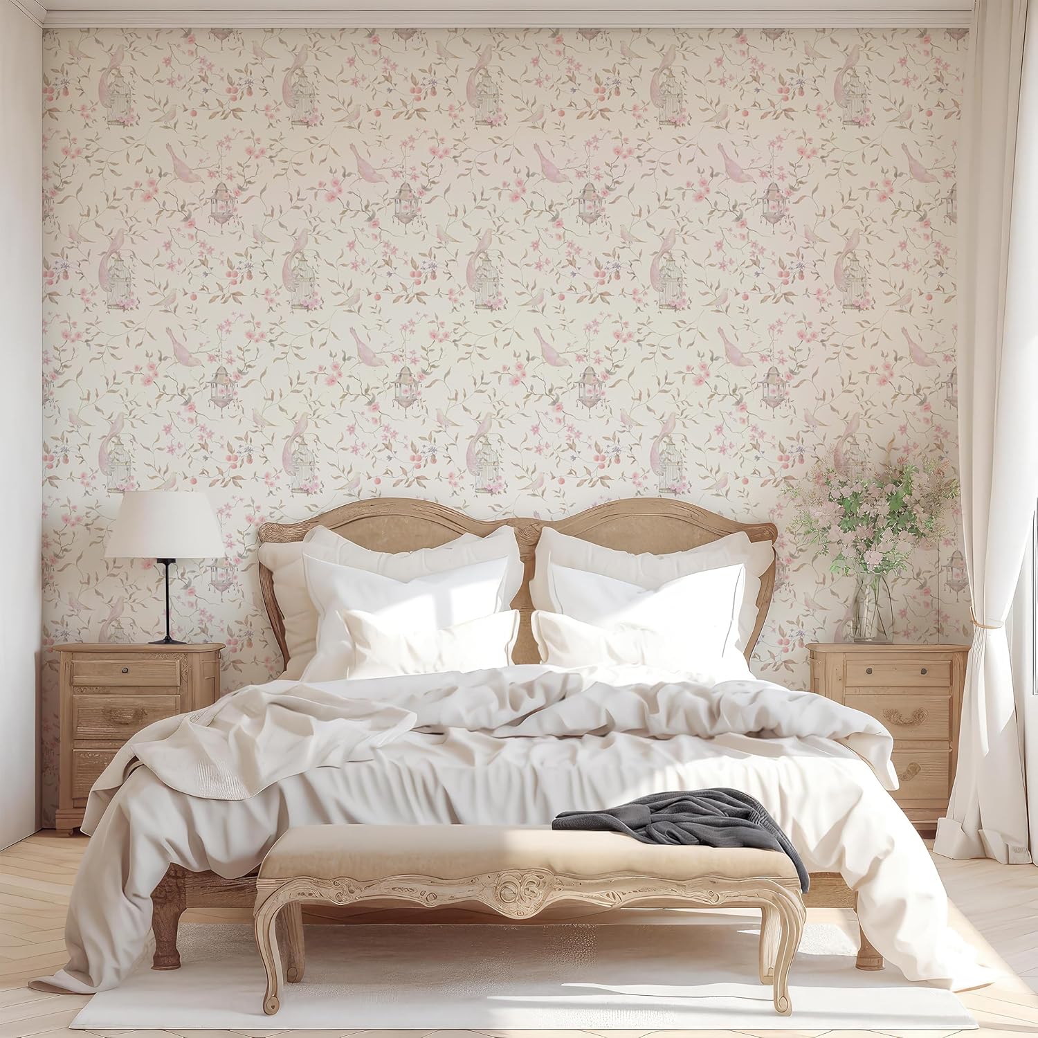 Papel tapiz chinoiserie con pájaro rosa y flores, papel tapiz francés para dormitorio, papel tapiz apto para inquilinos, despegar y pegar extraíble