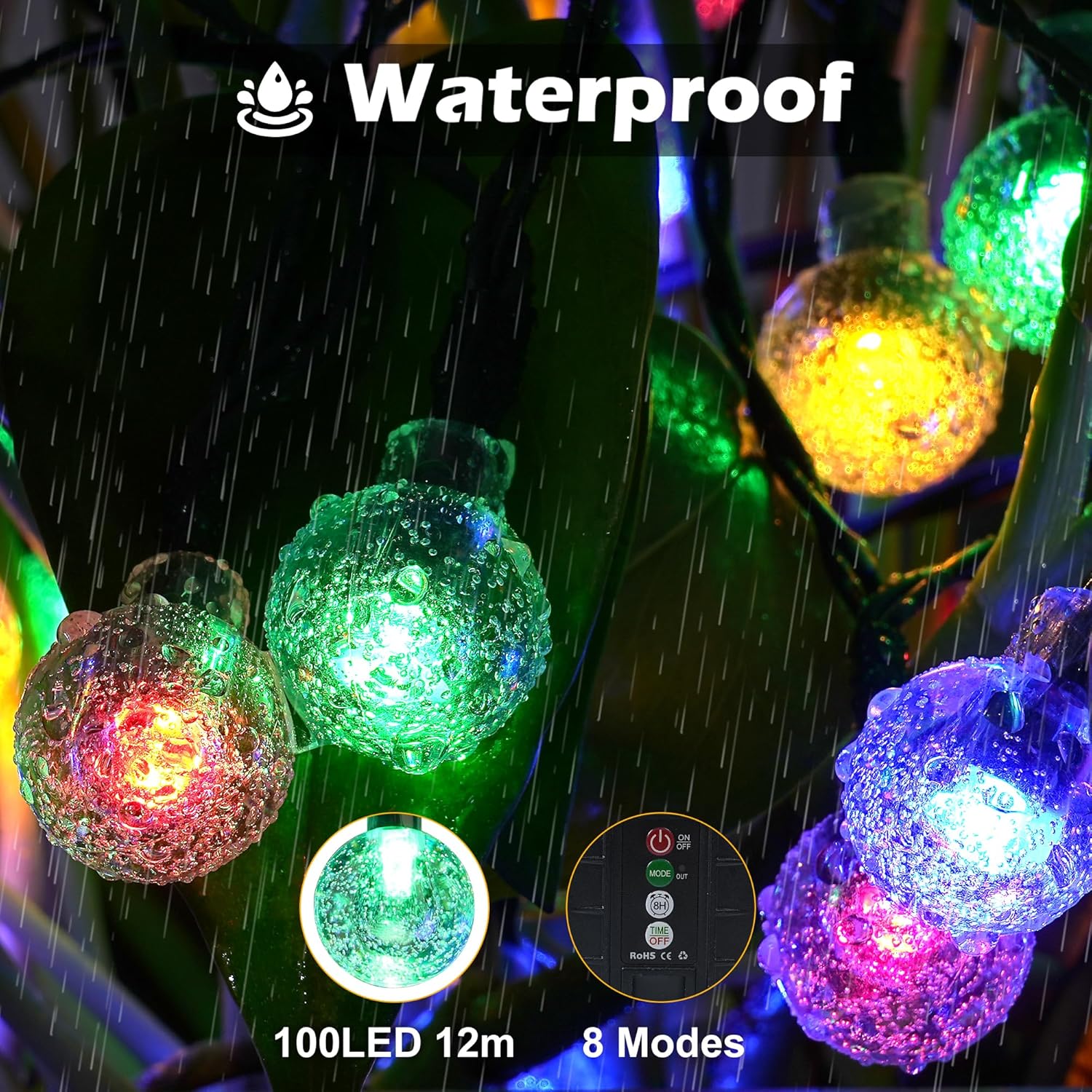 Guirnalda de luces solares para exteriores, 100 luces LED de 40 pies de globo de cristal multicolor, 8 modos, luces solares impermeables, para