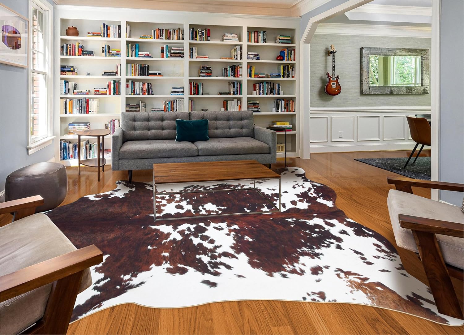 coffinsea Alfombra de piel de vaca con estampado de vaca de 8 x 6 pies, alfombra grande de piel de vaca para sala de estar, dormitorio, comedor,