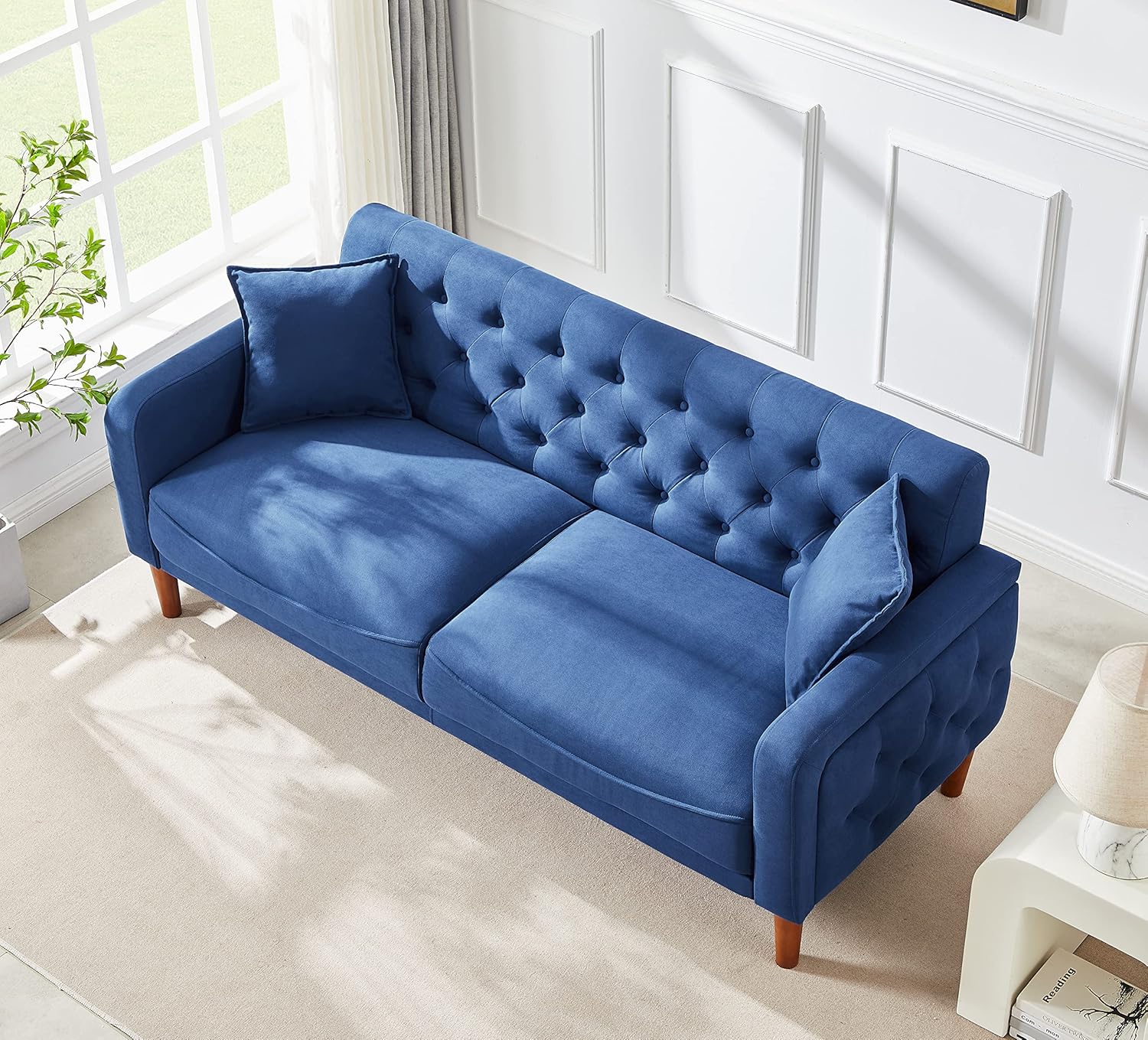 Aoowow Sofás y sofás de tela de lino de 78 pulgadas de largo, sofá moderno de mediados de siglo con 2 almohadas, reposabrazos y patas de madera para