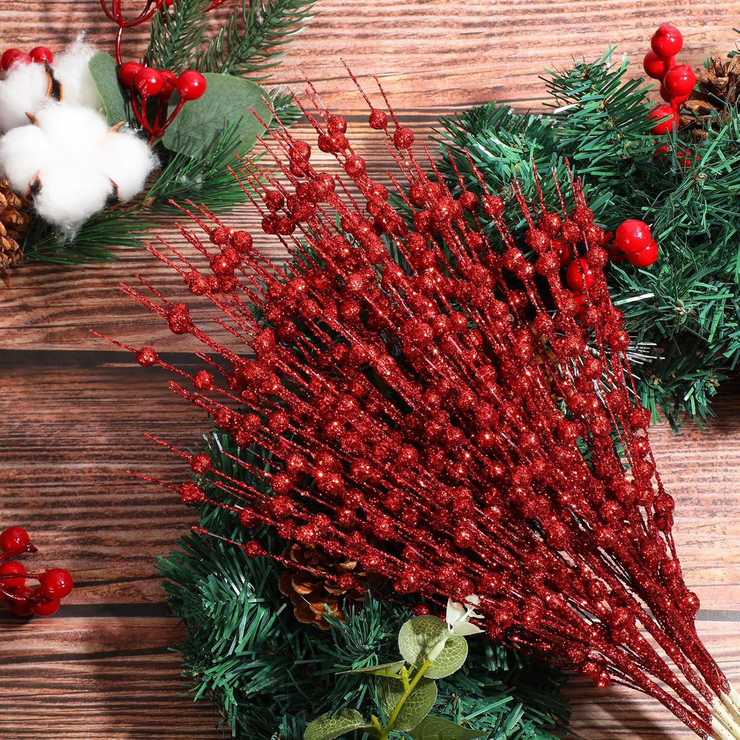 36 tallos de bayas artificiales con purpurina de 17 pulgadas, 15 pulgadas, 4 estilos, ramas grandes con purpurina para árbol de Navidad, corona de