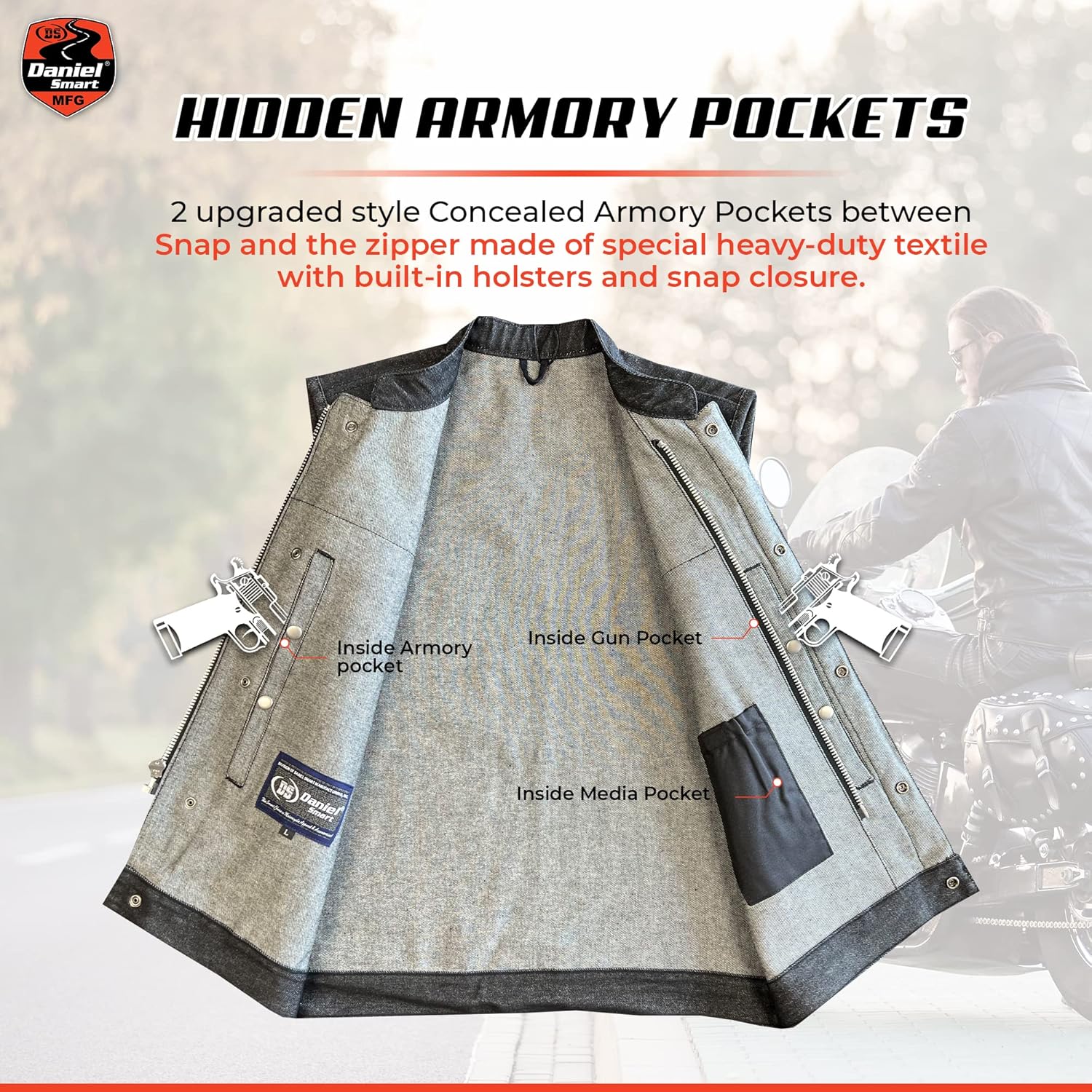 Daniel Smart Biker Vest for Men Rough Blue & Black Denim Vest with Unique Scoop Collar Design & Concealment Armory Pocket