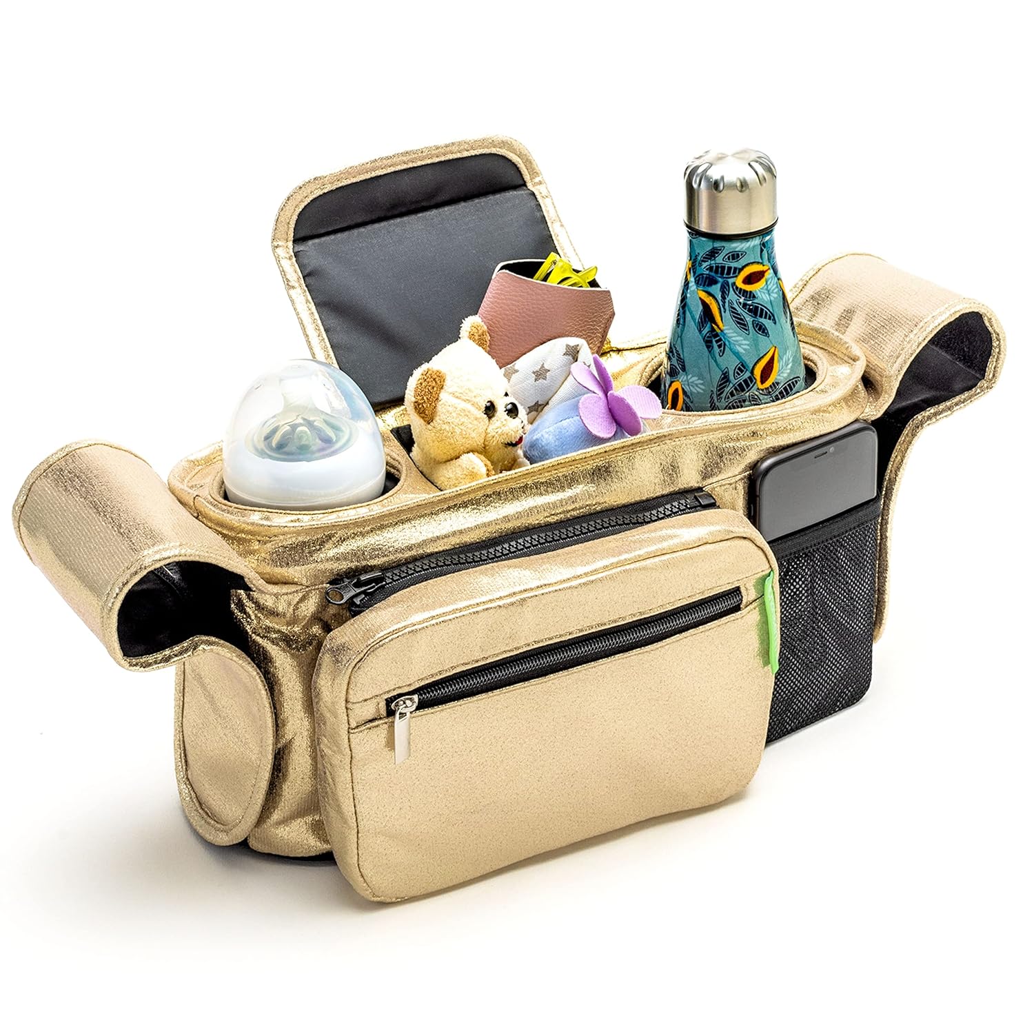 Ethan & Emma Organizador universal para cochecito. Eleva tu experiencia con portavasos aislados, almacenamiento de pañales, correas seguras, bolsa