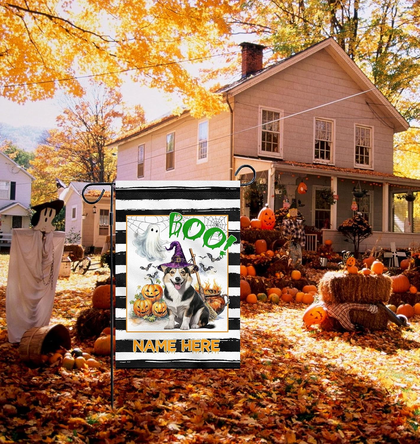 Banderas de jardín de Halloween para exteriores, regalo personalizado de Pembroke Corgi galés, regalo para amantes de los perros, bandera de