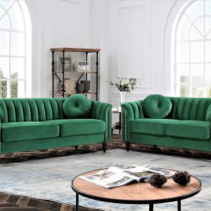 US Pride Furniture Sofá de terciopelo moderno Mid-Century inspirado en Chesterfield, juego de 2 piezas para sala de estar con cojines extraíbles y US Pride Furniture Sofá de terciopelo moderno Mid-Century inspirado en Chesterfield, juego de 2 piezas para sala de estar con cojines extraíbles y