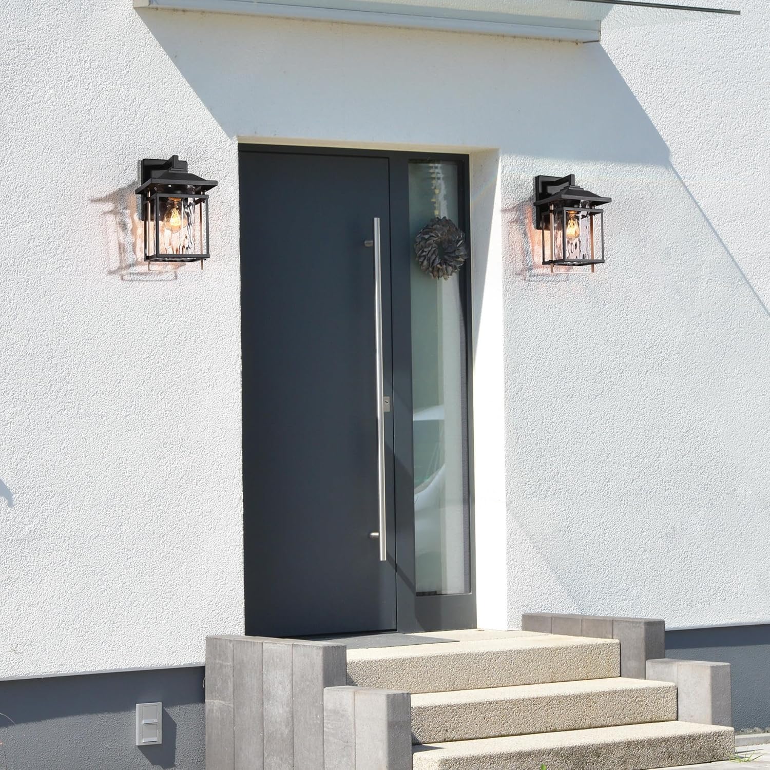 Luces de pared para exteriores, apliques de pared exterior con vidrio texturizado, agua dorada negra y luz rectangular antioxidante para porche,