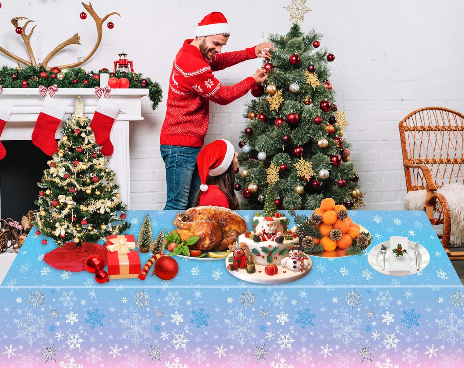 Kesfey Paquete de 3 manteles de Navidad con copos de nieve de 51 x 87 pulgadas, mantel desechable de plástico con copos de nieve blancos para fiesta