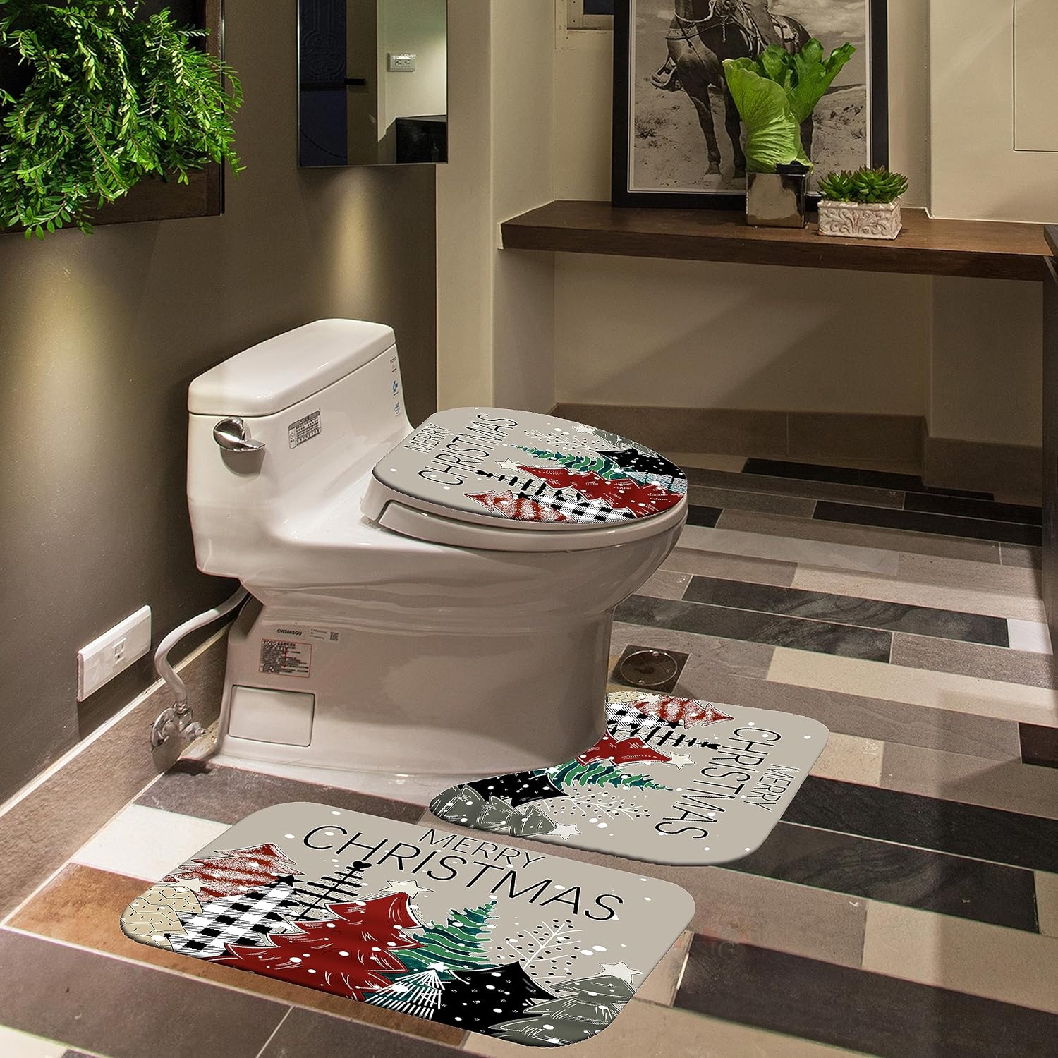 Juego de cortinas de ducha de Navidad con alfombras, cortinas de ducha impermeables de tela navideña para baño con cortina de ducha, juegos de