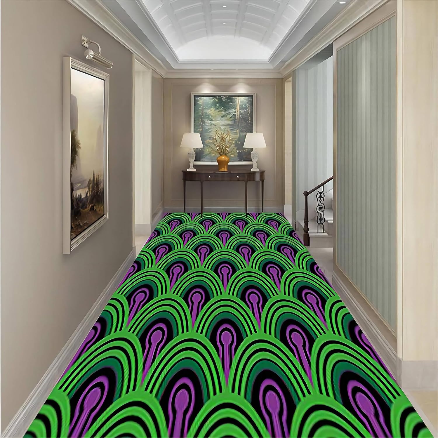 EXINBU Alfombra de pasillo lavable de 4 x 10 pies, alfombra de entrada 3D verde y morado, diseño de plantas, antideslizante, con parte trasera de