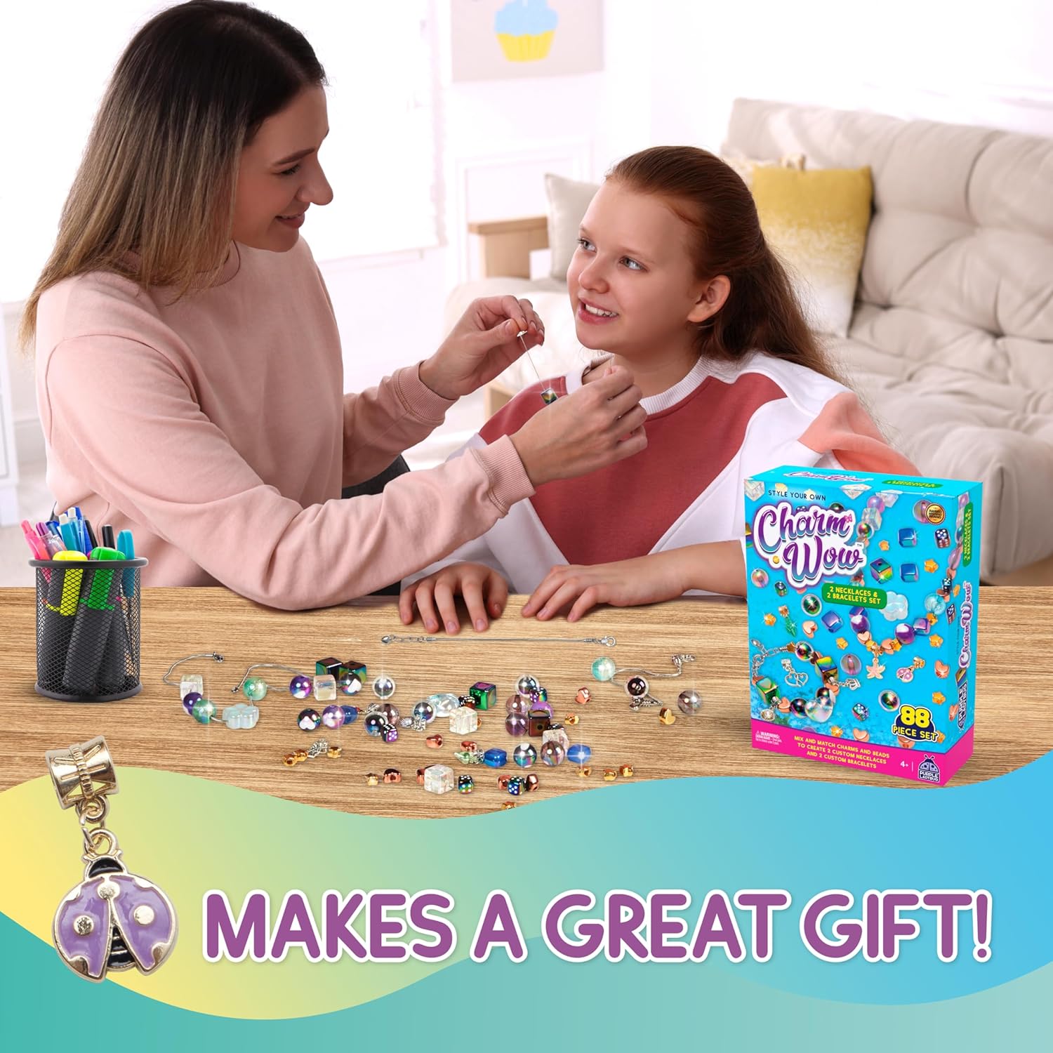 CharmWow – Kit de fabricación de joyas para niñas de 5 a 7 años en adelante, kit de fabricación de collares y pulseras para niños con cuentas
