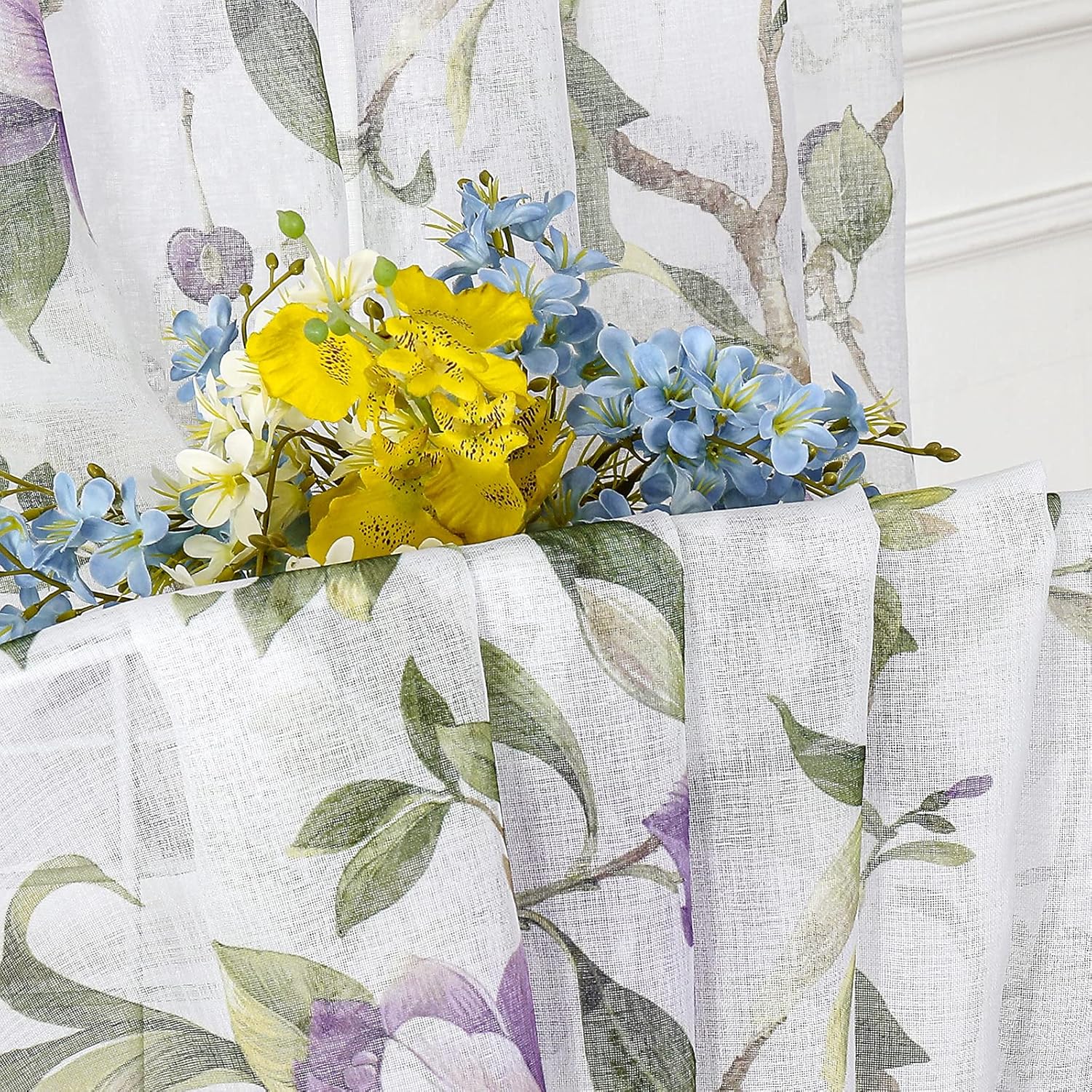 Tollpiz Cortinas traslúcidas con estampado floral de cerezo morado y mariposa, cortinas para sala de estar, cortinas con bolsillo para barra,