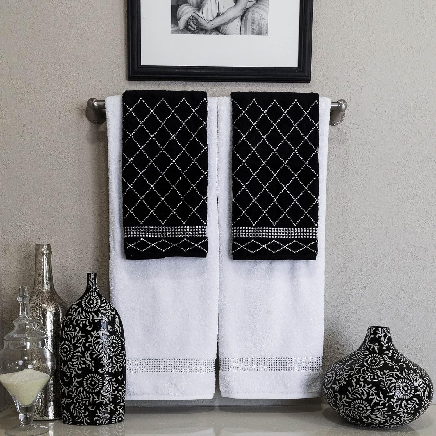 Toalla de mano con patrón de X, duradera, diamantes de imitación brillantes sobre tela de toalla de algodón, para decoración glamorosa del baño del
