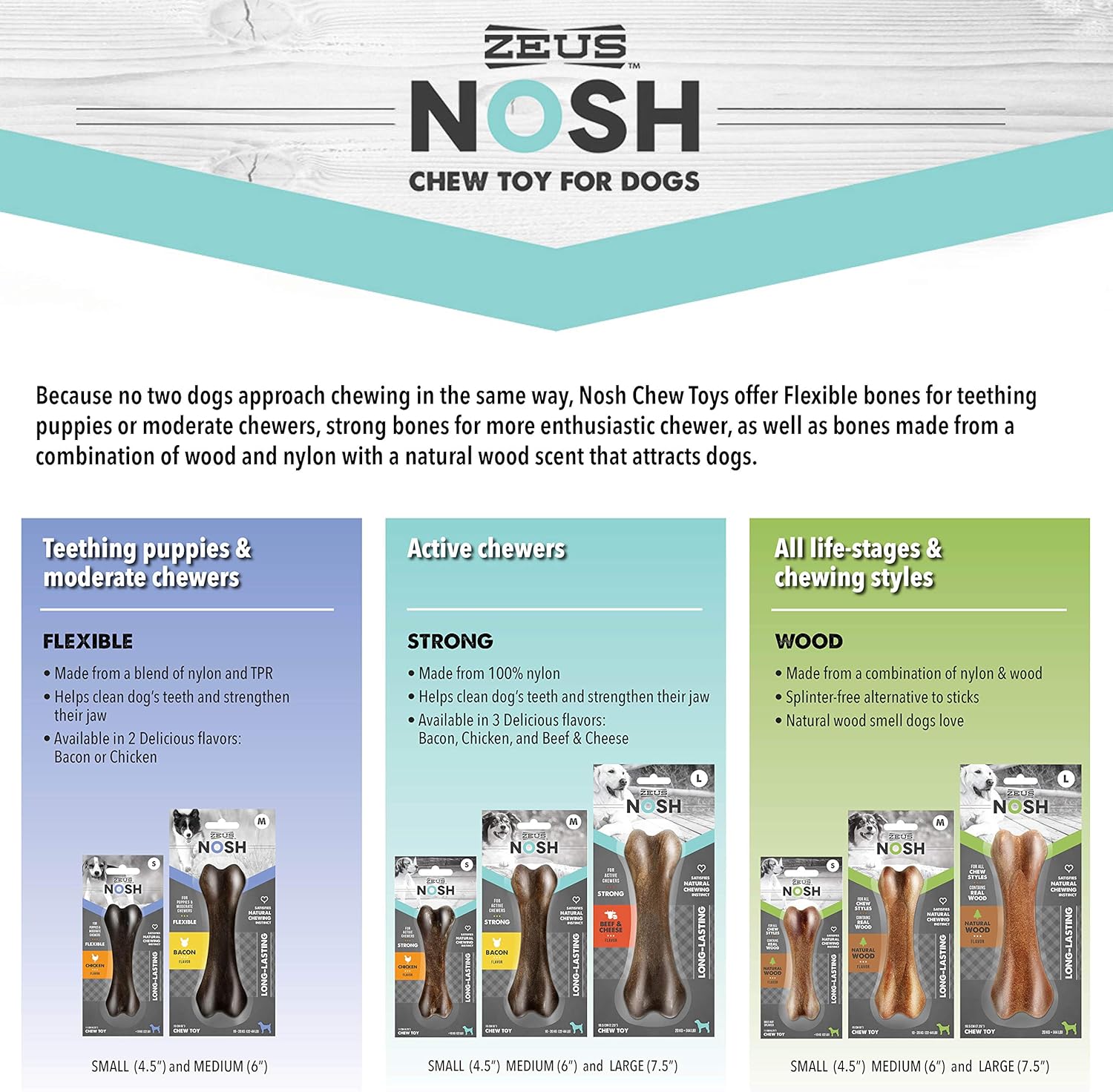 ZEUS Nosh – Huesos fuertes para masticar para perros, juguetes masticables para masticadores agresivos, sabor a pollo de larga duración, grande