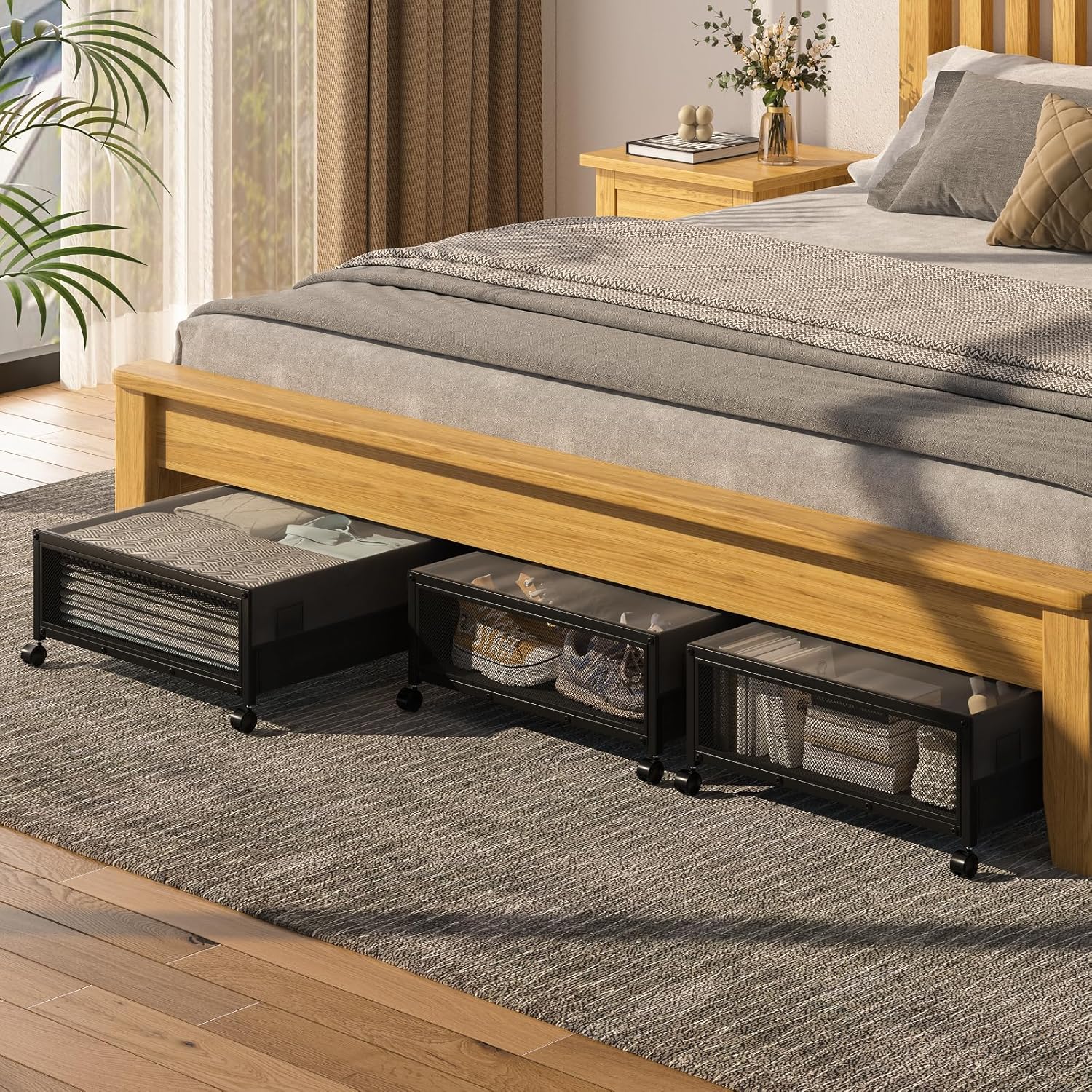 steauty Almacenamiento debajo de la cama con ruedas, contenedores de almacenamiento de metal debajo de la cama con cubierta transparente, cajas de
