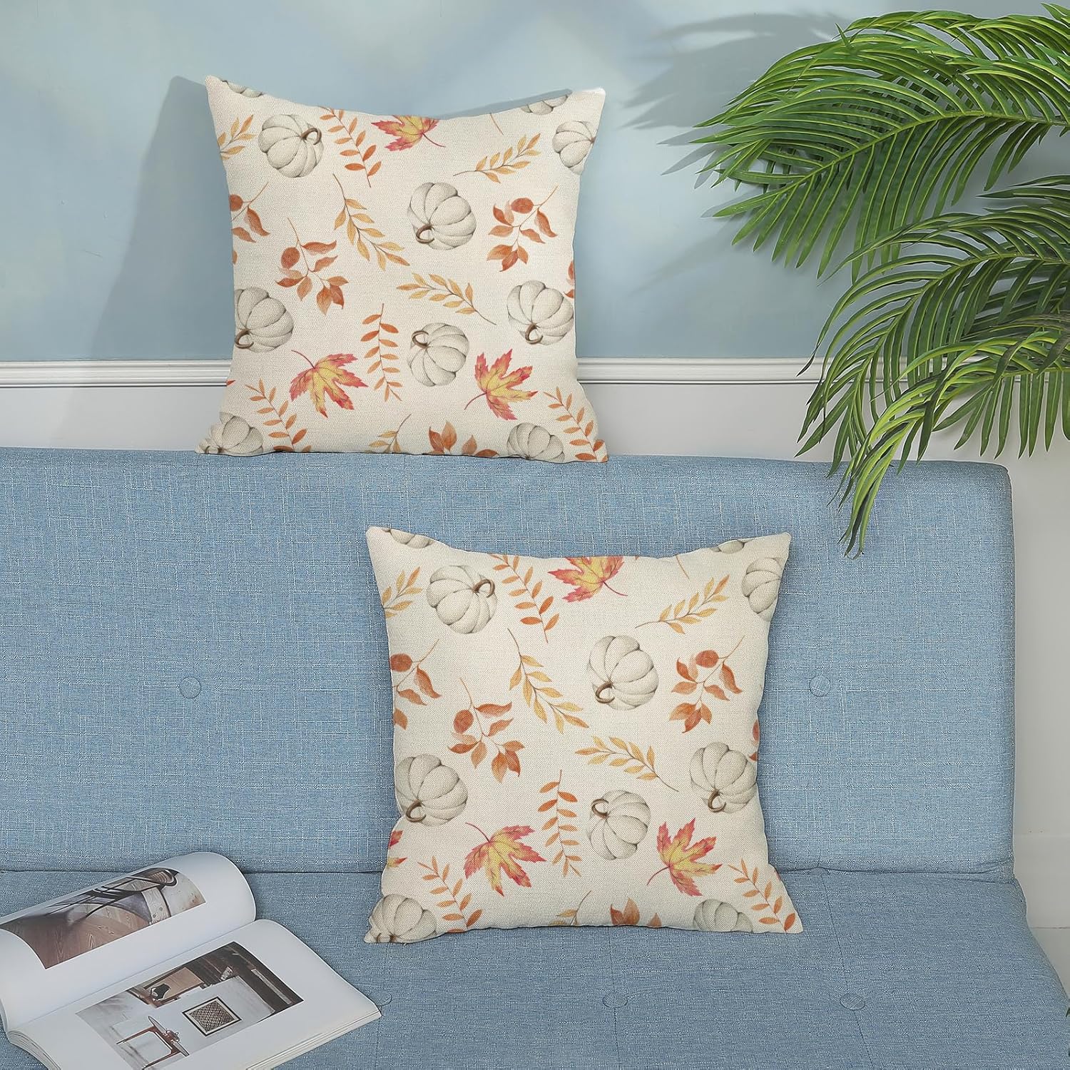 Juego de 2 fundas de almohada de otoño de 22 x 22 pulgadas, diseño de calabaza y hoja de arce, fundas de almohada decorativas de lino para otoño,