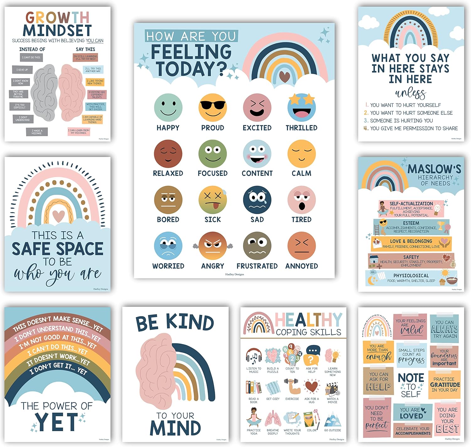 9 pósteres bohemios de salud mental arcoíris para aula primaria, 6 carteles de diversidad para decoración de aula para profesores, rincón tranquilo,