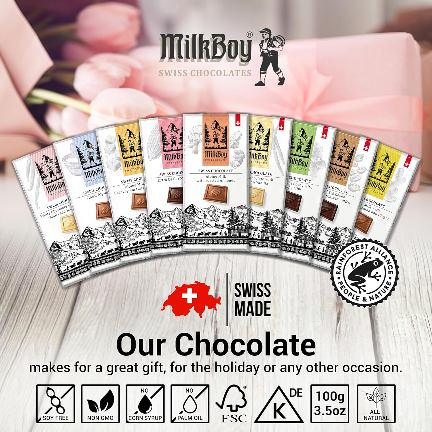 Milkboy Swiss Crispy Mint Dark Chocolates  Barras de chocolate de cacao oscuro 72% naturales  Hecho en Suiza  Sin lácteos  Vegano  Sin gluten  Sin