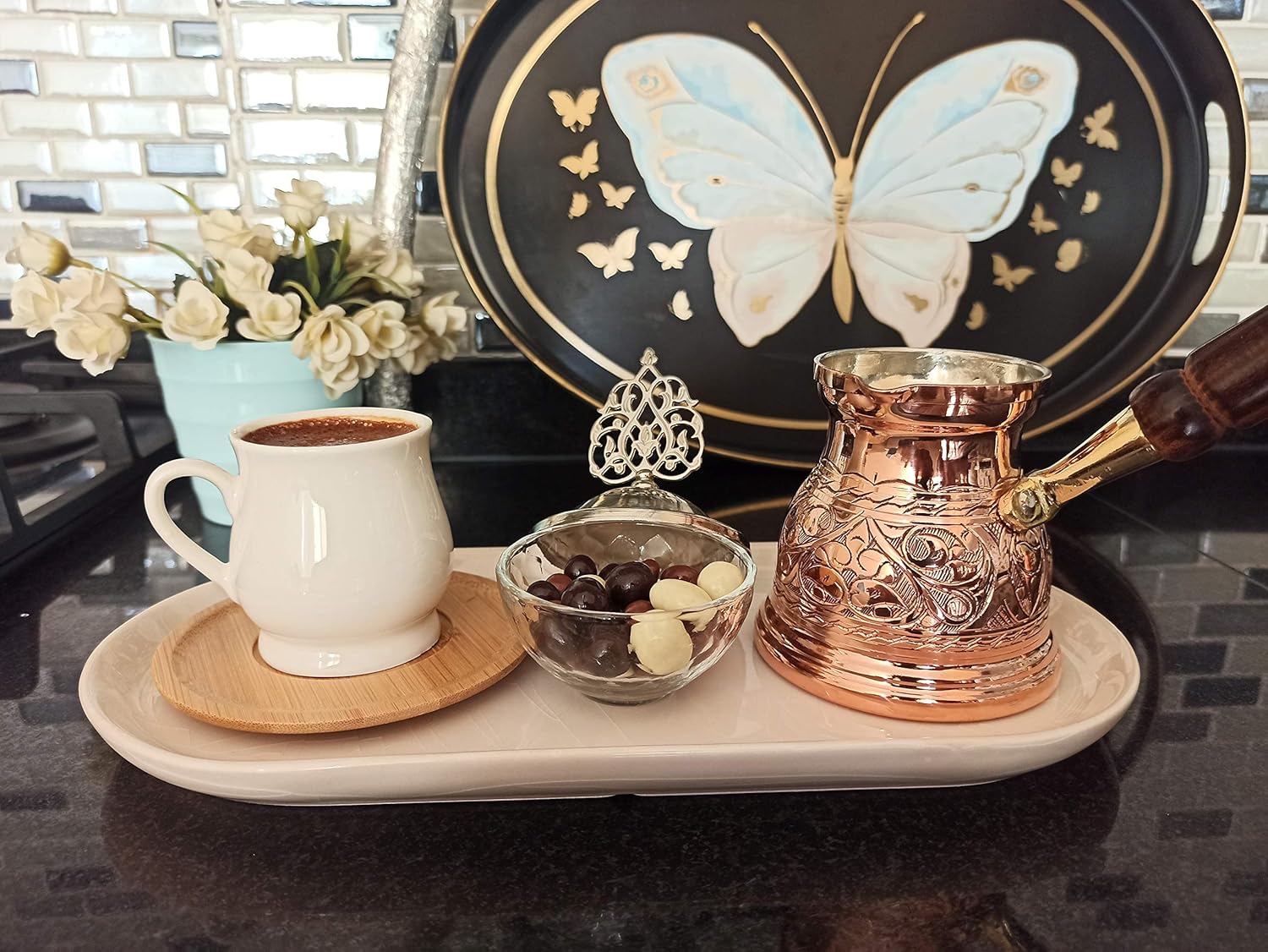 DEDE Copper – Serie IST (mediano-9.6 fl.oz) – Cafetera árabe griega turca grabada de cobre macizo más grueso, cafetera para estufa, Cezve, Jezve,