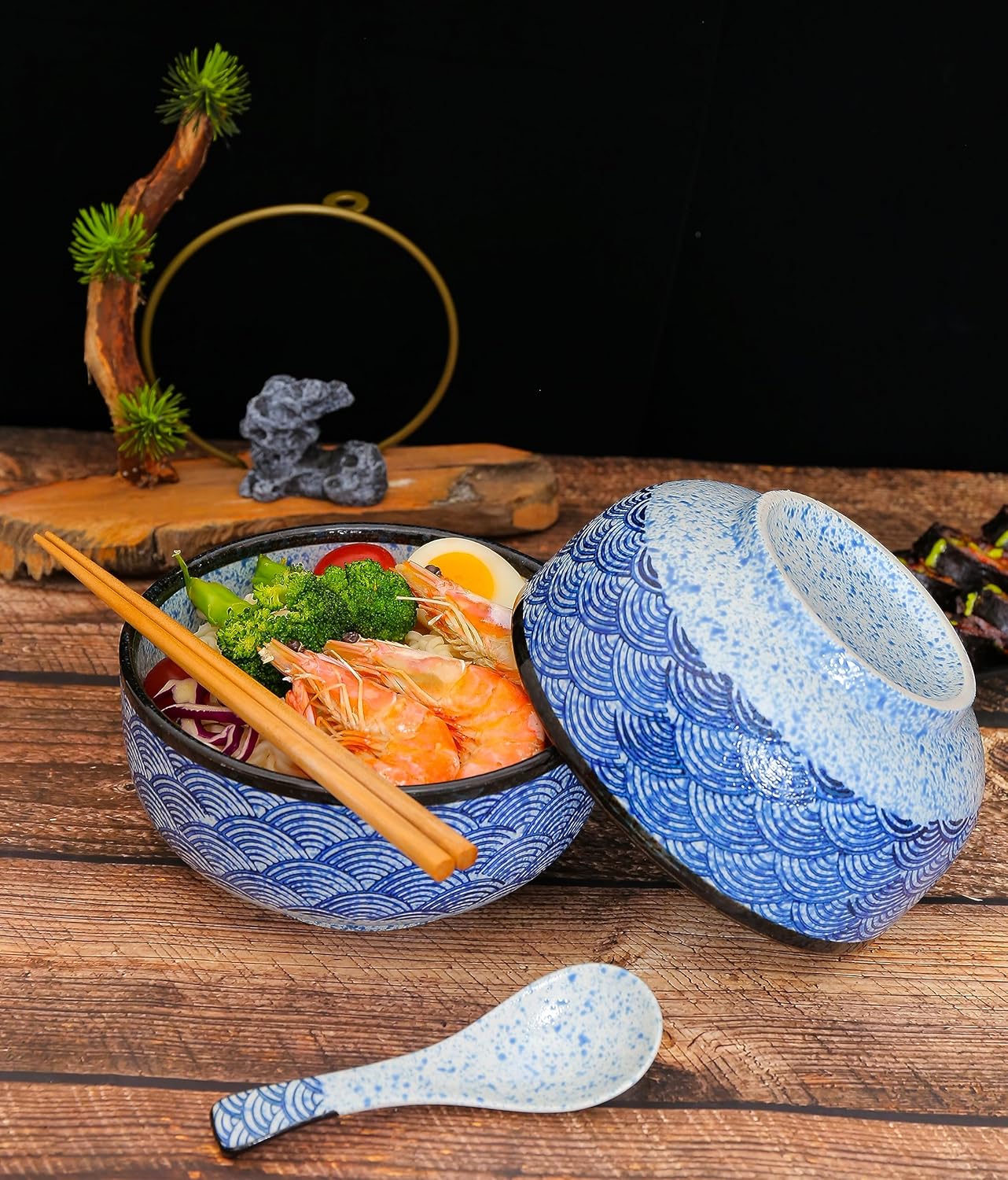 Juego de tazones de cerámica japoneses para ramen, cuencos de sopa grandes de 31 onzas con palillos y cuchara para Pho Udon Soba asiática (patrón