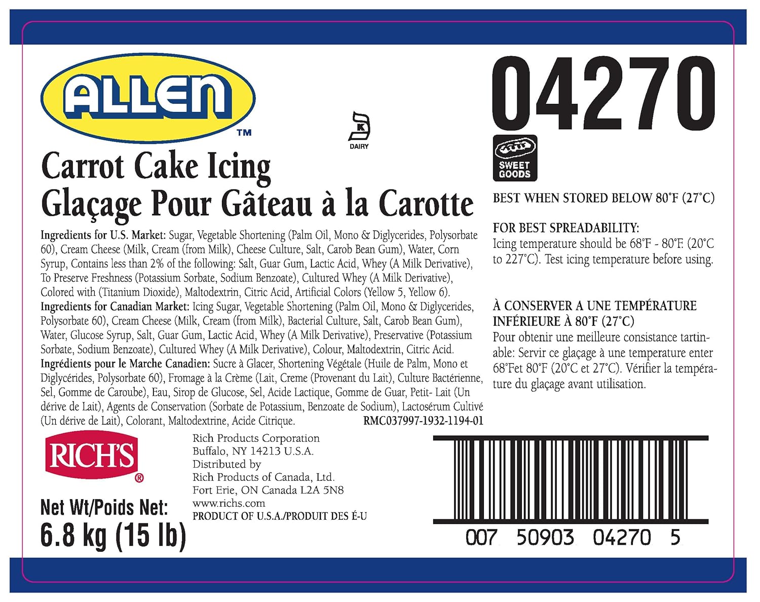 Rich’s JW Allen – Glaseado de pastel ideal para pasteles y galletas, zanahoria, 240 onzas