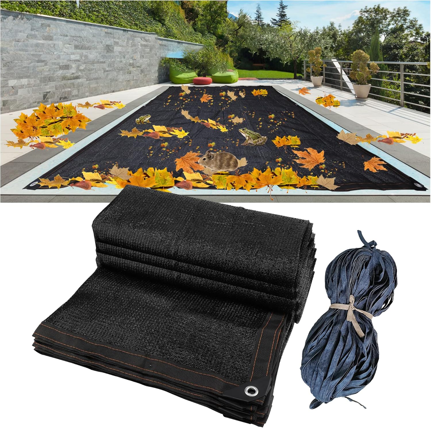 Cubierta de red de hojas de piscina, cubierta rectangular de malla de 12 x 24 pies para piscinas sobre el suelo, con cuerda de 16.4 pies para cubrir