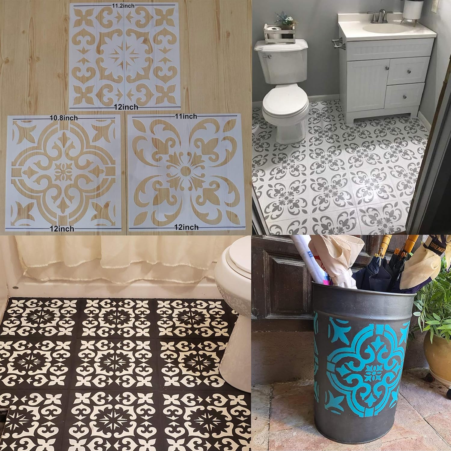 3 plantillas de azulejos de 12 x 12 pulgadas  Plantillas grandes de pintura para muebles de pared de suelo, tela de madera, plantillas de mandala de